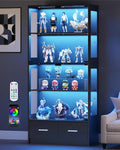 Lamtor Display Cabinet with Glass Doors - 67' Curio Cabinet for Collectibles with RGB LED Lights and 2 Drawers, 4 Tier Glass Display Case for Living Room, Office, Black