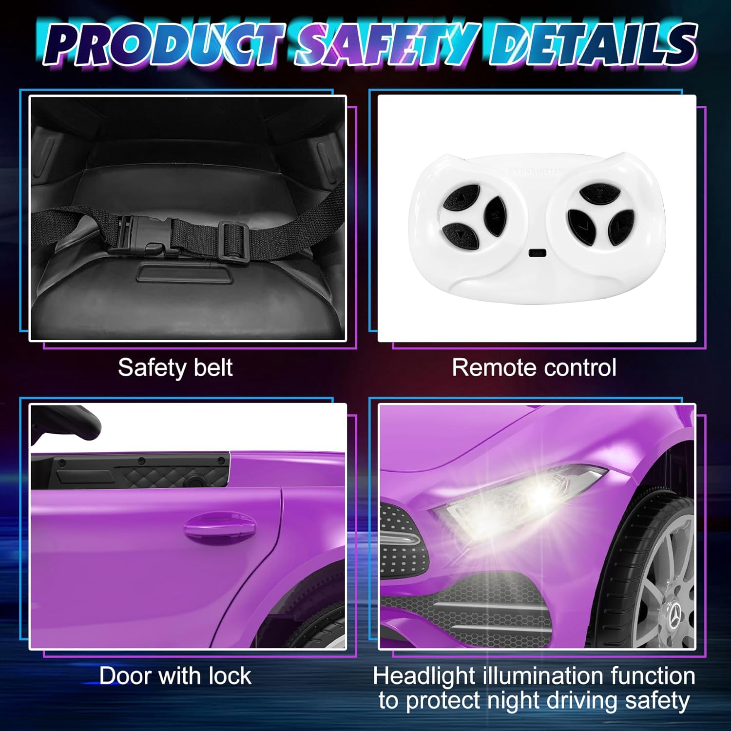 12V Kids Ride On Car with 2.4G Remote Control,Battery Powered Electric Car Ride On Vehicle Double Doors, Safety Belt,LED Light (SC-Purple)
