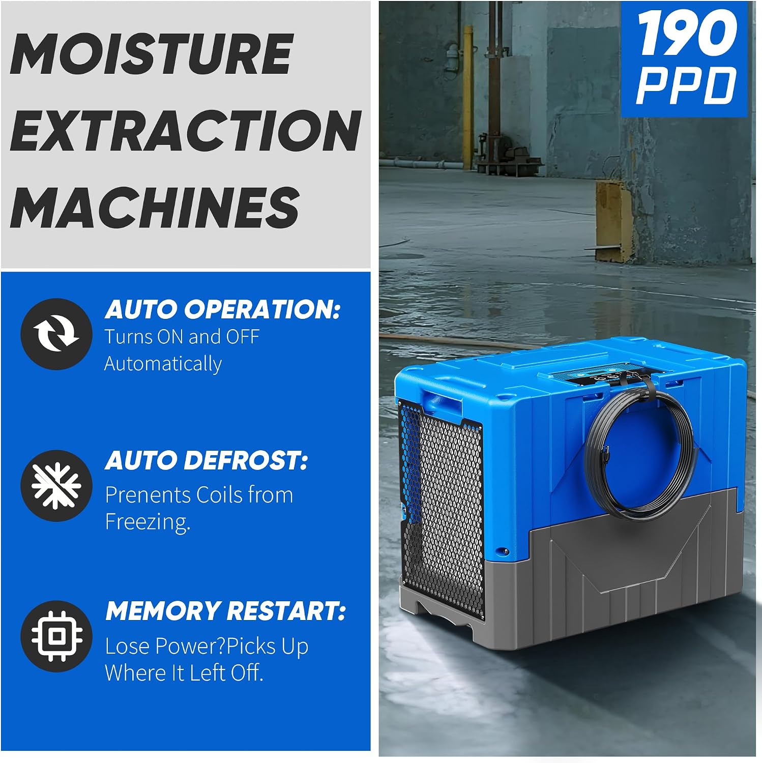 190Pints High Efficiency Commercial Dehumidifier for Basements-6000 Sq.Ft. Industrial Grade Dehumidifiers with Pump & Drain Hose for Crawl Spaces Water Damage Restoration-Auto Defrost, Memory Starting