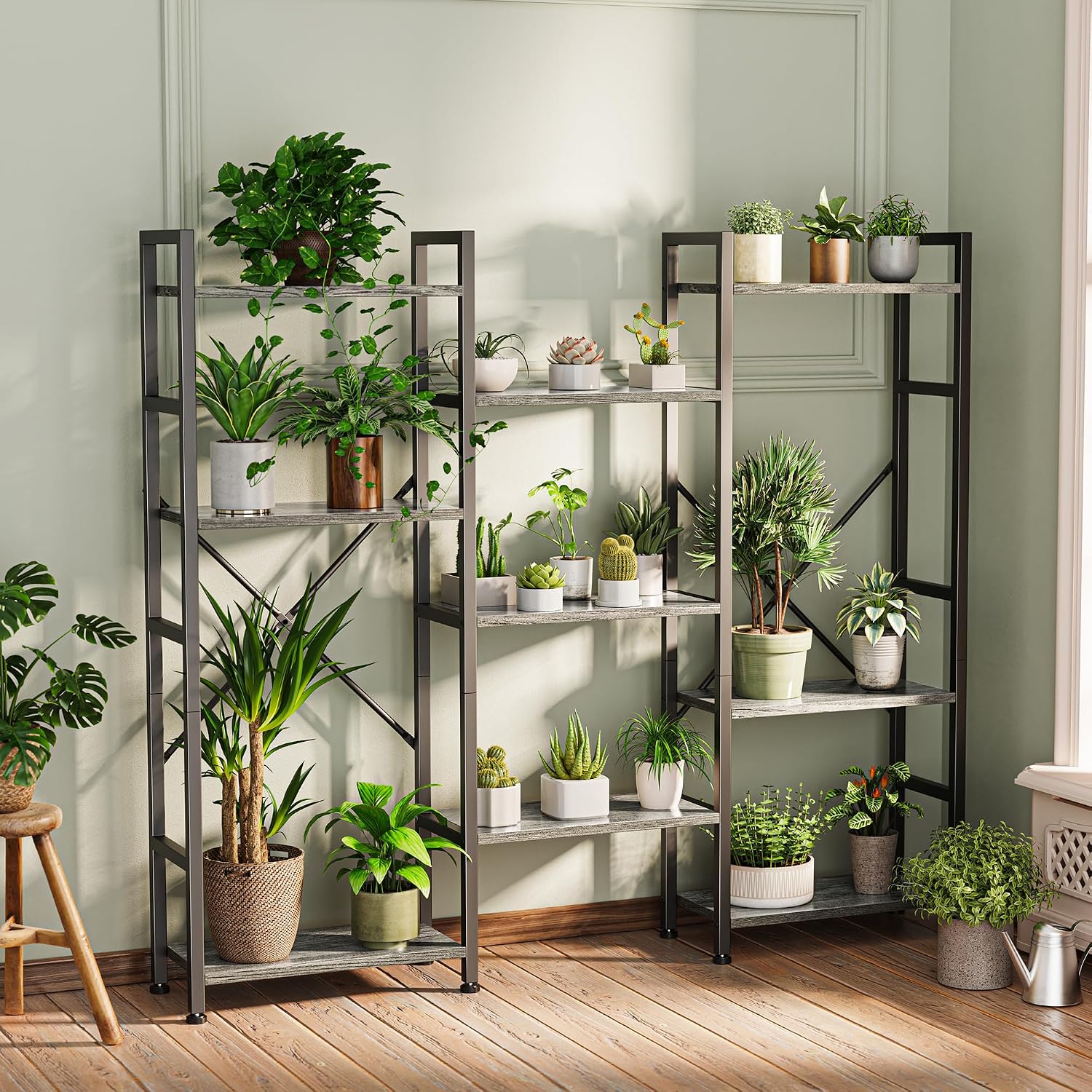 SUPERJARE Triple Bookshelf, Bookcase with 11 Open Display Shelves, Wide Book Shelf Book Case for Home & Office, 4 Tier, Grey