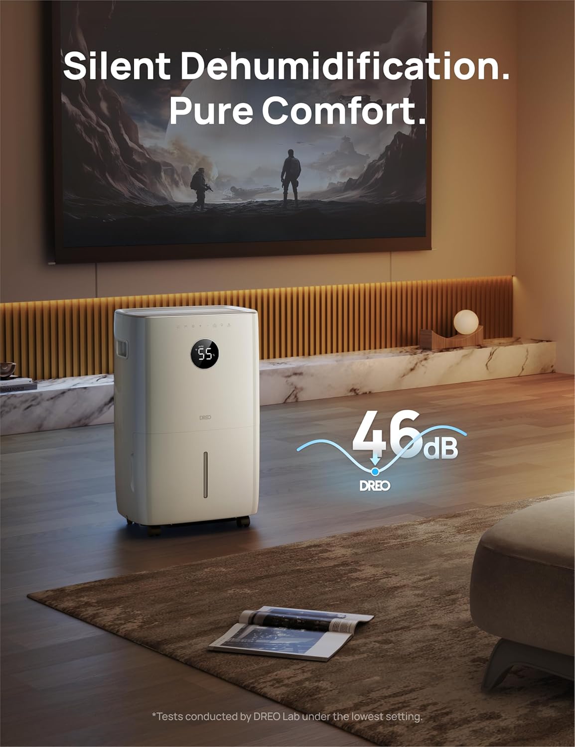 DREO 110-Pint Smart Dehumidifier for Basement, 4500 Ft² for Large Room, 2 Gallon Water Tank, Auto/Comfort/Constant Mode Dehumidifiers for Home, Bedroom, Bathroom, with Drain Hose, Starlight, 711S
