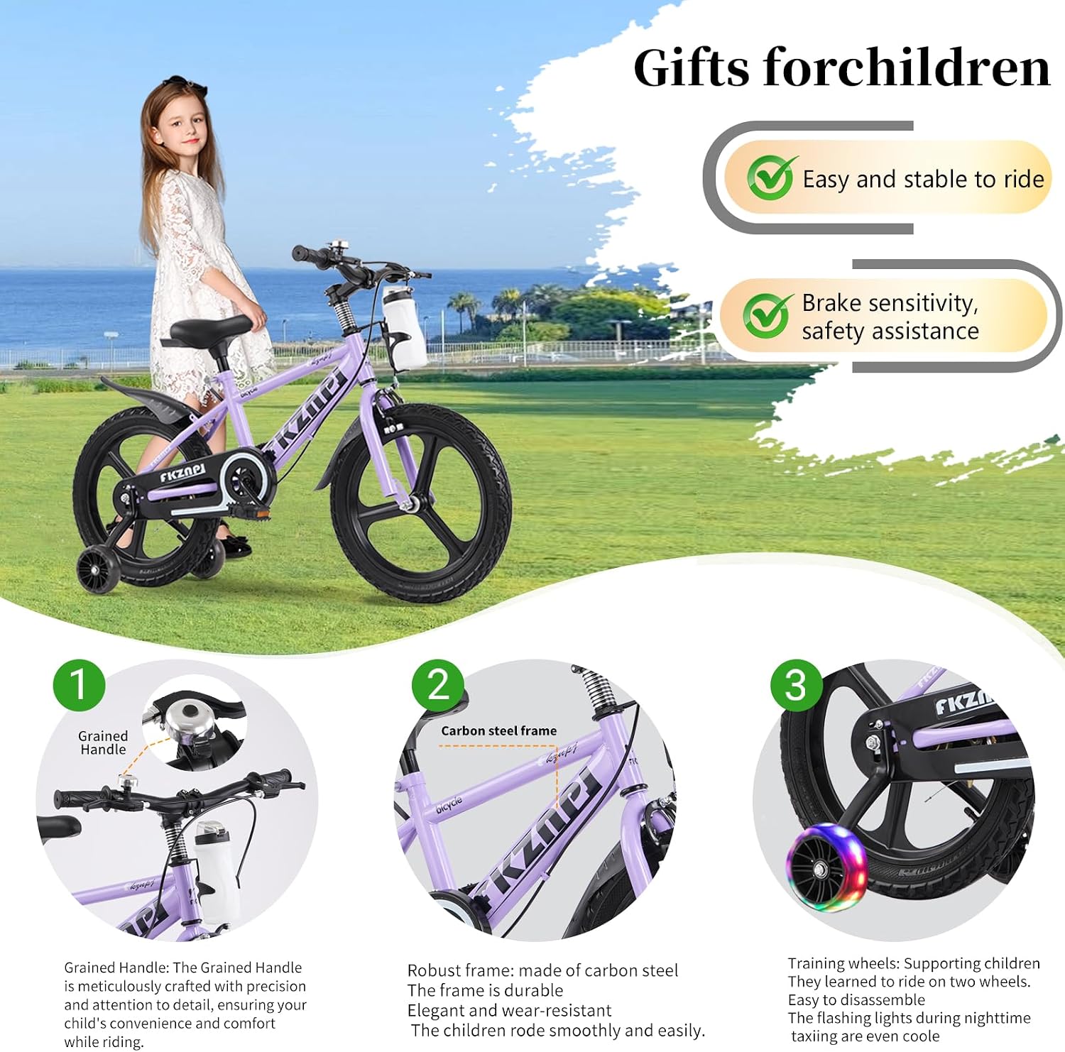 Kids Bike 16/18 Inch – High Carbon Steel Frame, Magnesium Alloy Wheels, Training Wheels with Night Glow, Adjustable Seat, Water Bottle – Girls & Boys Bicycle Ages 3-8