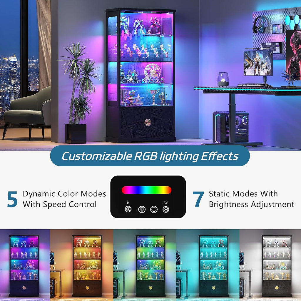 TAGELIER RGB Glass Display Cabinet with Door, 4-Tier Curio Cabinet with 2 Drawers and Adjustable Glass Height Showcase, Display Case with 3 LED Light and Human Body Sensor, Black