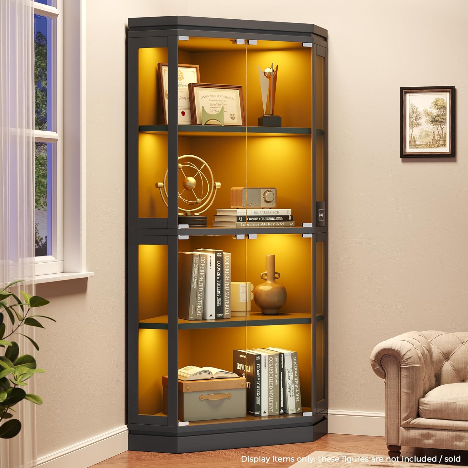 Jocoevol Corner Display Cabinet with Glass Doors, 4-Tier Display Cases for Collectibles with RGB Lights, 67'' Tall Corner Curio Cabinet with Human Body Sensor for Living/Game Room, Black