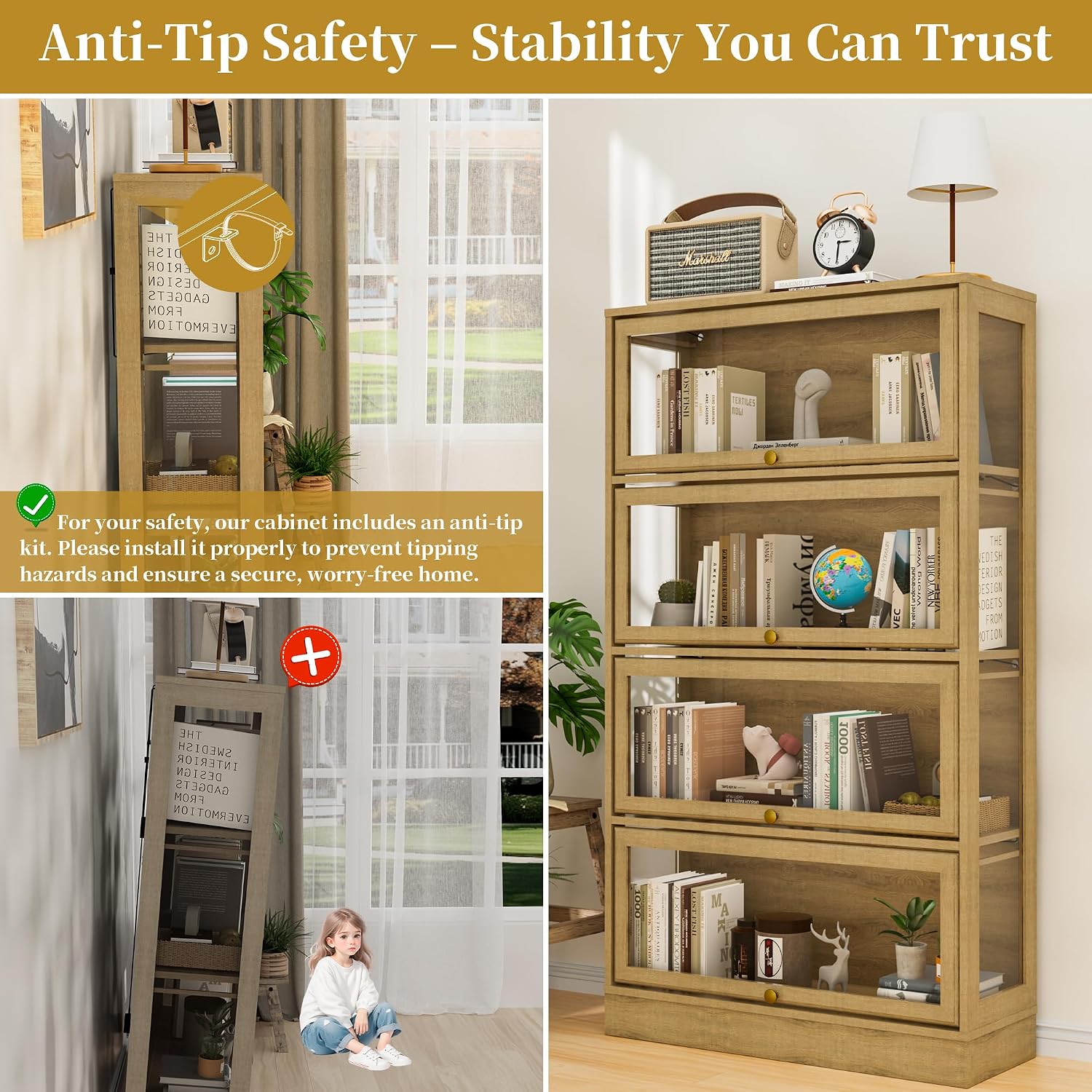 Display Cabinet with Acrylic Glass Doors,4-Tiers Curio Cabinet with LED Lighting for Collectibles, Collectibles Toy Organizers Rack & Display Shelf Display Case Storage Cabinet, Nature