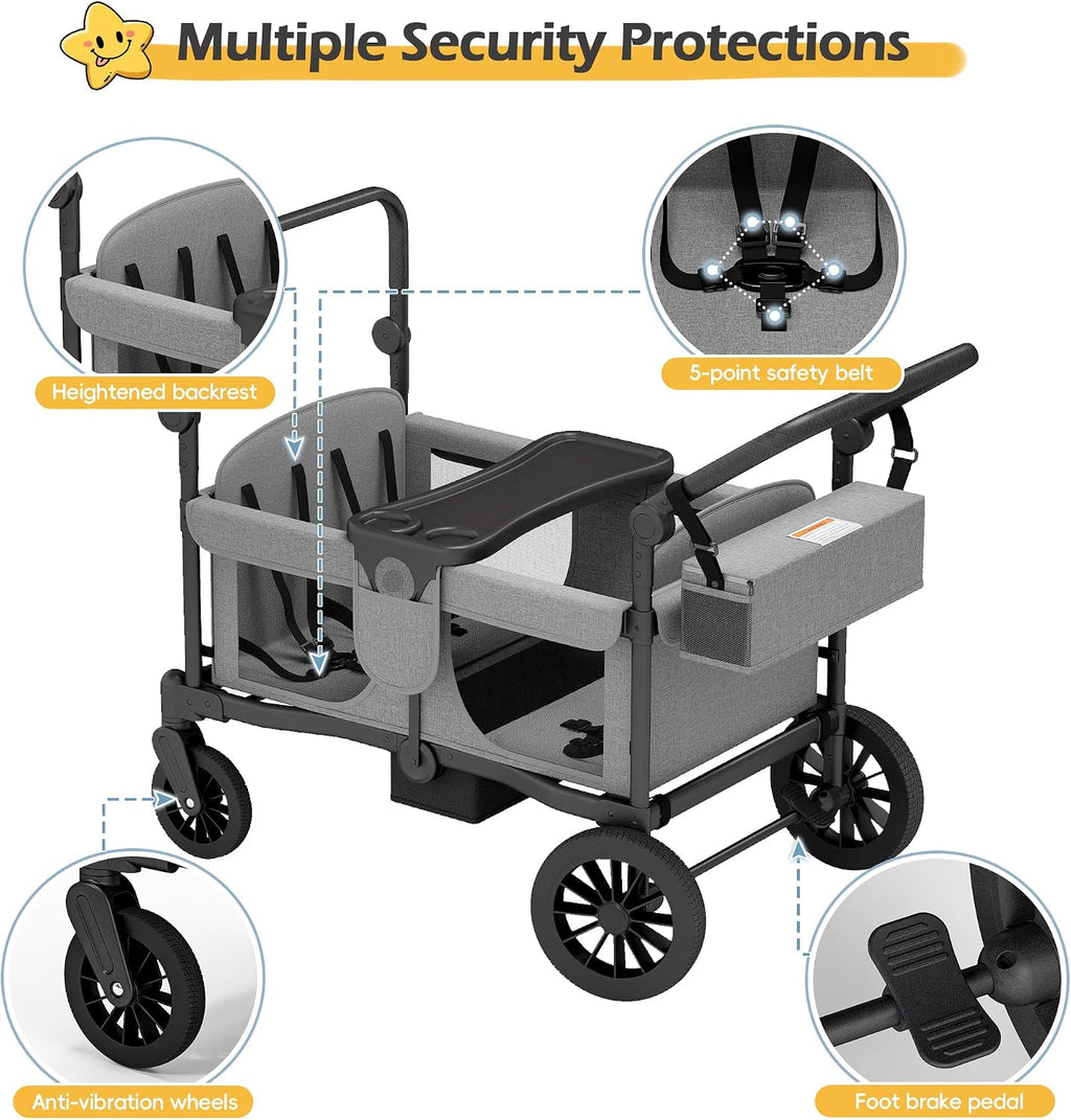 TOLEAD Wagon Stroller for 4 Kids, Foldable 4 Seats Outdoor Stroller Wagon with Canopy, Adjustable Handlebars, 5-Point Safety Harness, Detachable Tray, Portable Bag (Grey)
