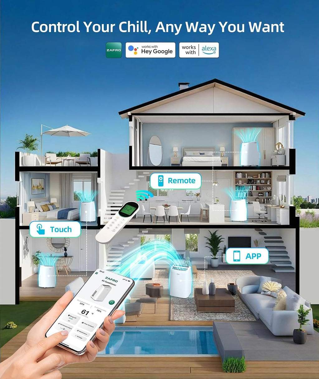 ZAFRO 10000 BTU Portable Air Conditioners (6000 BTU SACC) with Drainage-free Cooling, Fan & Dehumidifier, 47dB Quiet, APP Control/Remote/LED Display, 24H Timer, AC Unit for Bedroom