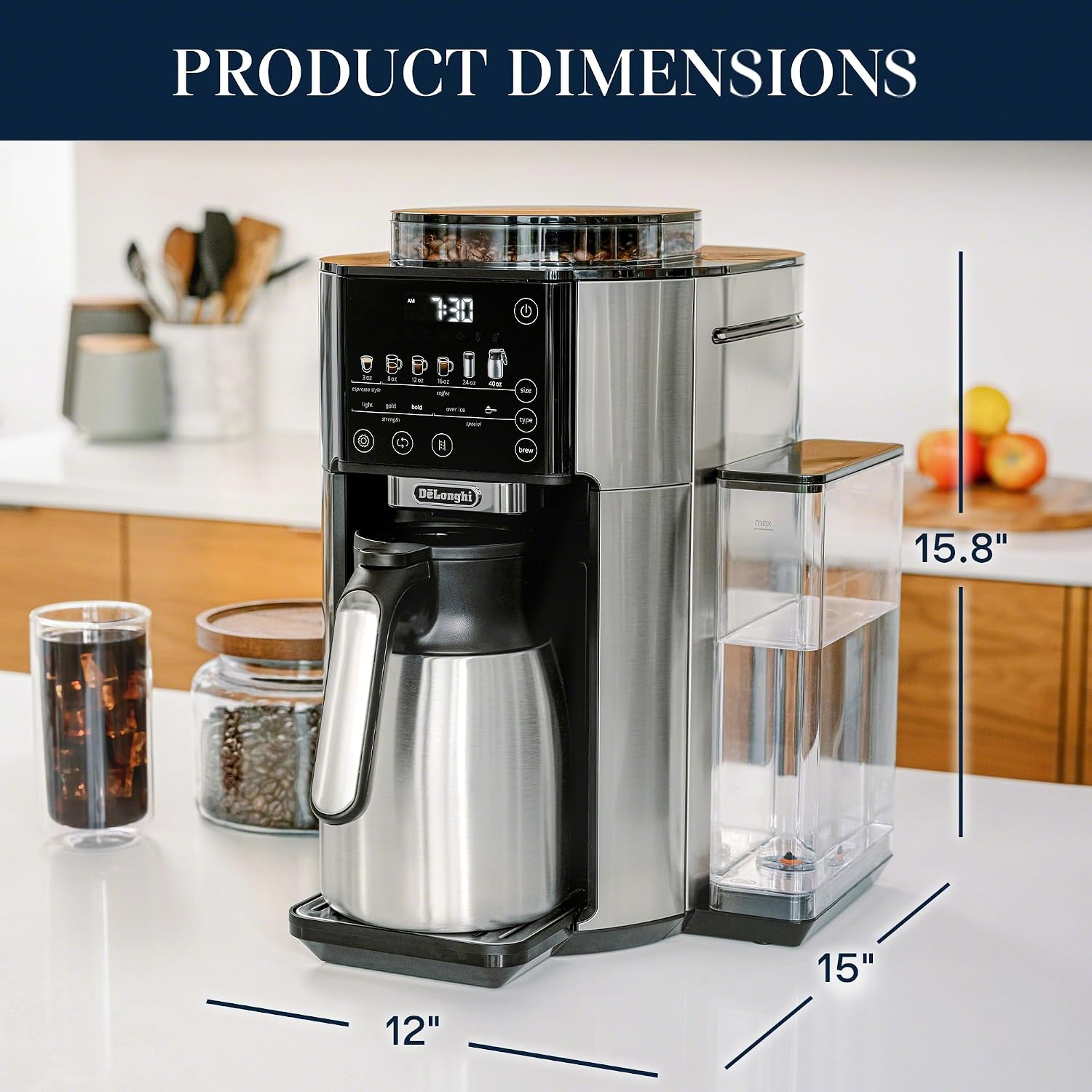 De'Longhi TrueBrew Drip Coffee Maker, Built in Grinder, Single Serve, 8 oz to 24 oz with 40 oz Carafe, Hot or Iced Coffee, Stainless,CAM51035M