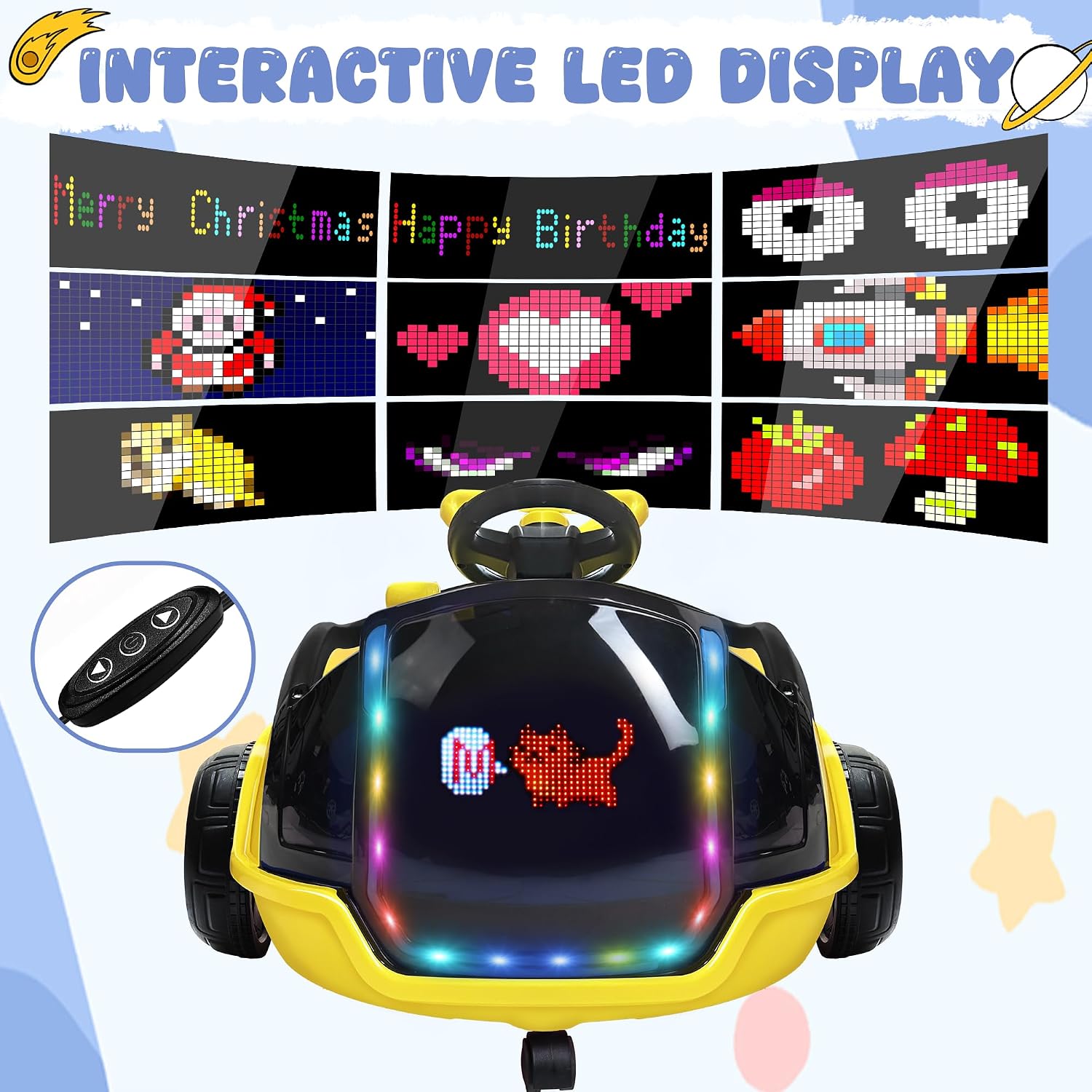 ANPABO 3-in-1 Electric Push Ride On Car, 12V Kids Ride On Toy w/Remote Control, 360° Spin, LED Display, 5-Point Safety Belt, Colorful LED Light, Music Player, Push Car for Toddler Ages 1-3 (Yellow)