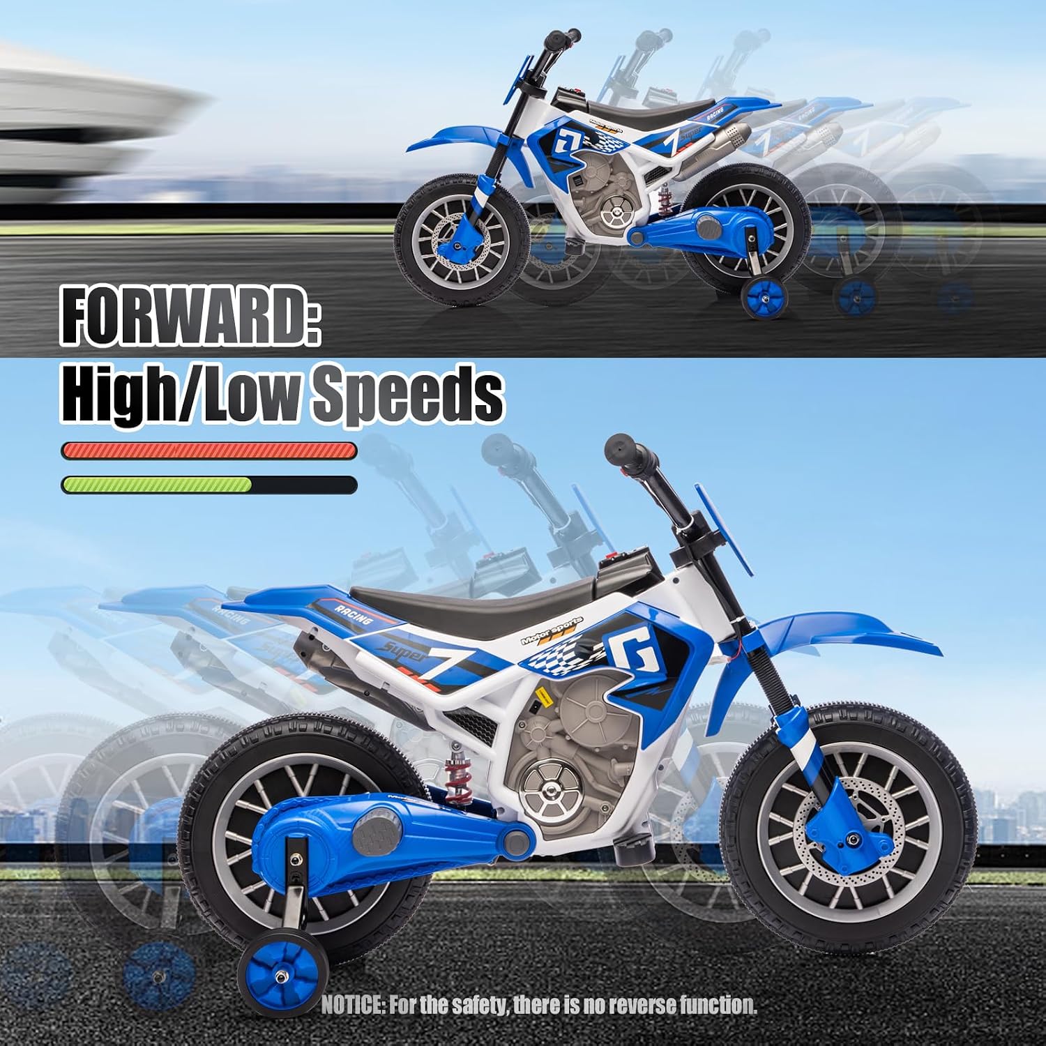 JOYLDIAS Kids Motorcycle, 12V7AH Ride On Motorcycle for Kids w/Training Wheels, Music, Spring Suspension, High/Low Speeds, Blue