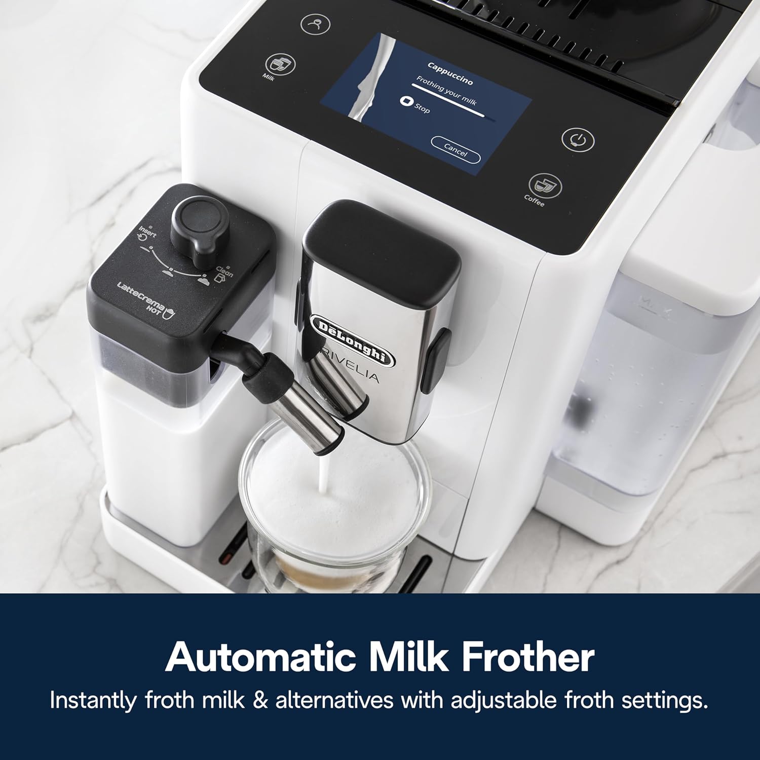 De'Longhi Rivelia Automatic Espresso Machine with Grinder & Milk Frother – All-in-One Coffee Maker, Hot & Iced Latte, Cappuccino, Bean Switch System, Burr Grinder, Compact Italian Design, White