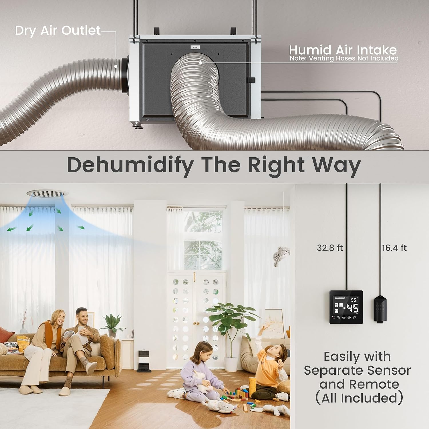 Waykar 125 Pints Crawl Space Dehumidifier with Remote Control and Pump, Dual Duct HVAC Commercial Whole-House Dehumidifier for Basement, Industrial Water Damage Unit - 5-Year Quality Coverage