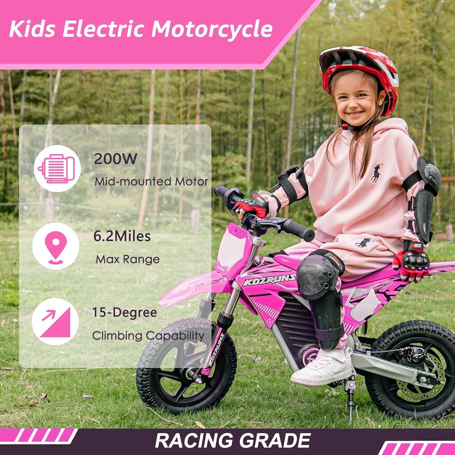 OLALA Electric Dirt Bike for Kids 3-5, 12' Electric Motorcycle with 200W Motor, 2-Speed Safety Mode, Beginner Dirt Bike with Disc Brake, Outdoor Ride On Toy Gift, Pink