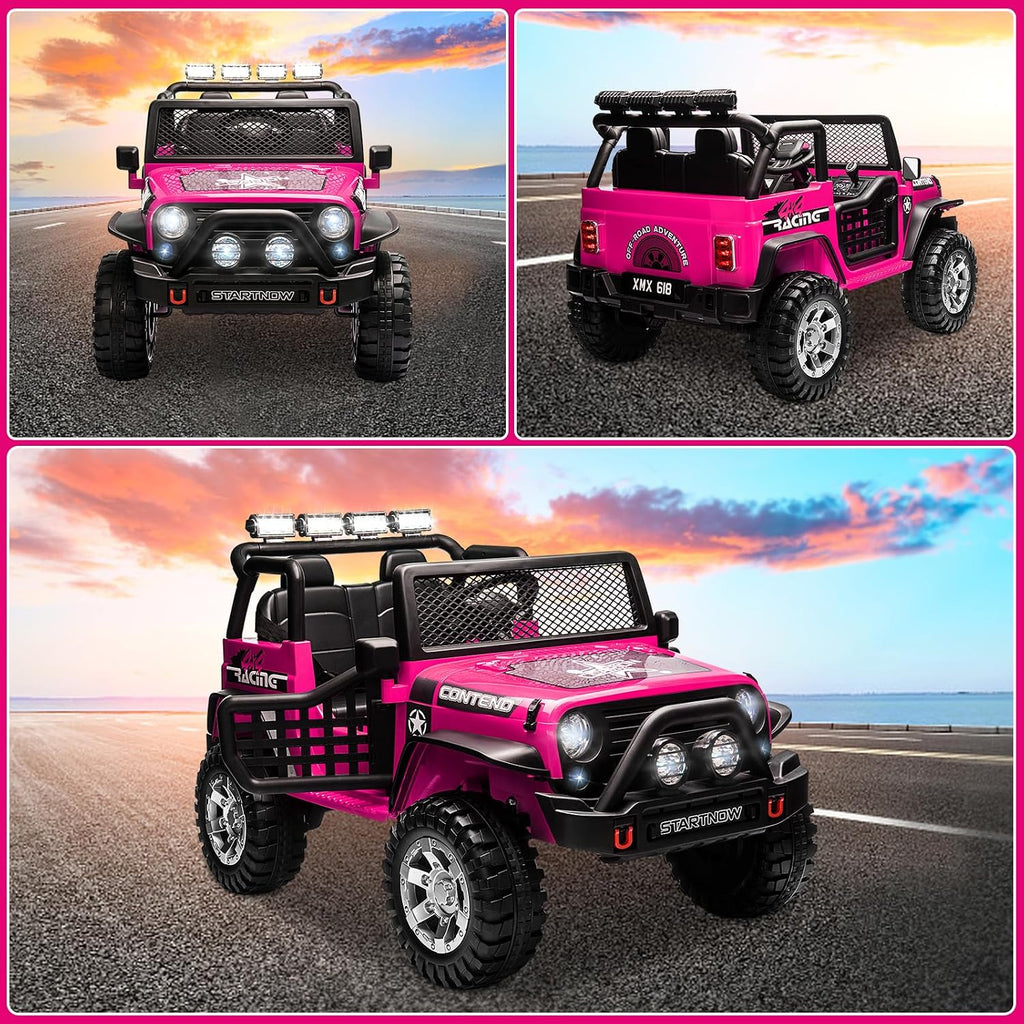 SEHOMY 2 Seater Electric Car for Kids, 12V Ride on Toys Power Wheels with Remote - 3 Speeds, Spring Suspension, 110LB Max, LED Lights, Music, Kids Electric Vehicles Toddler Truck for Boys Girls Pink