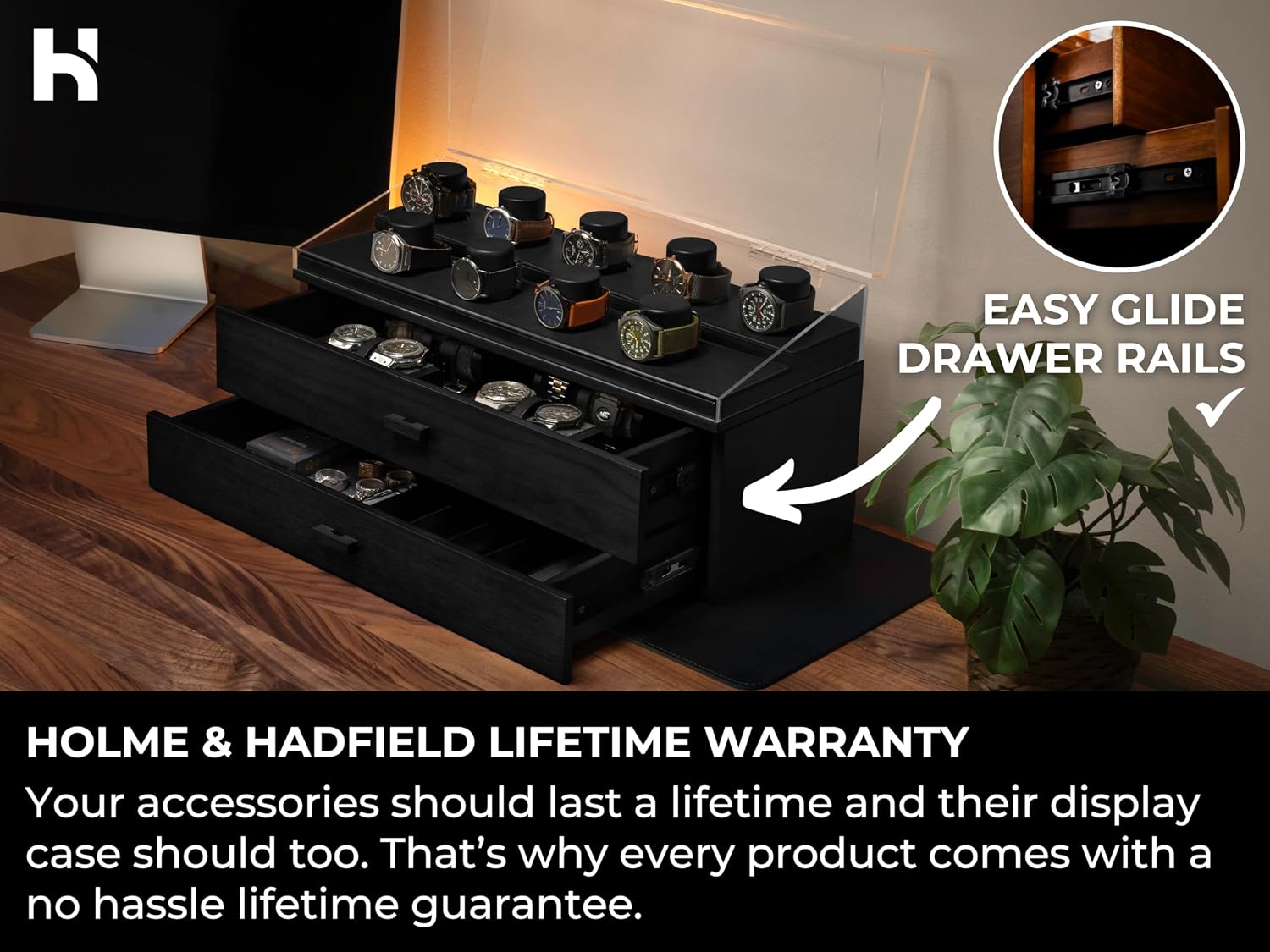 Premium 17 Slot Watch Box for Men - Extra Large Wooden Watch Display Case with Hinged Cover, Leather Lining & 2 Drawers - Watch Holder Organizer Stand - Handcrafted Luxury Birthday Gift for Men
