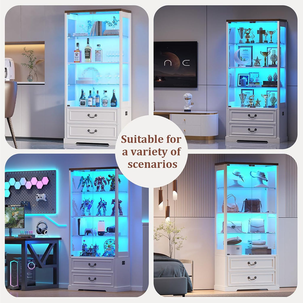 TAGELIER Glass Display Cabinet with Door, 4-Tier Curio Cabinet with 2 Drawers and Adjustable Glass Height Showcase, Display Case with 3 LED Light and Human Body Sensor, White