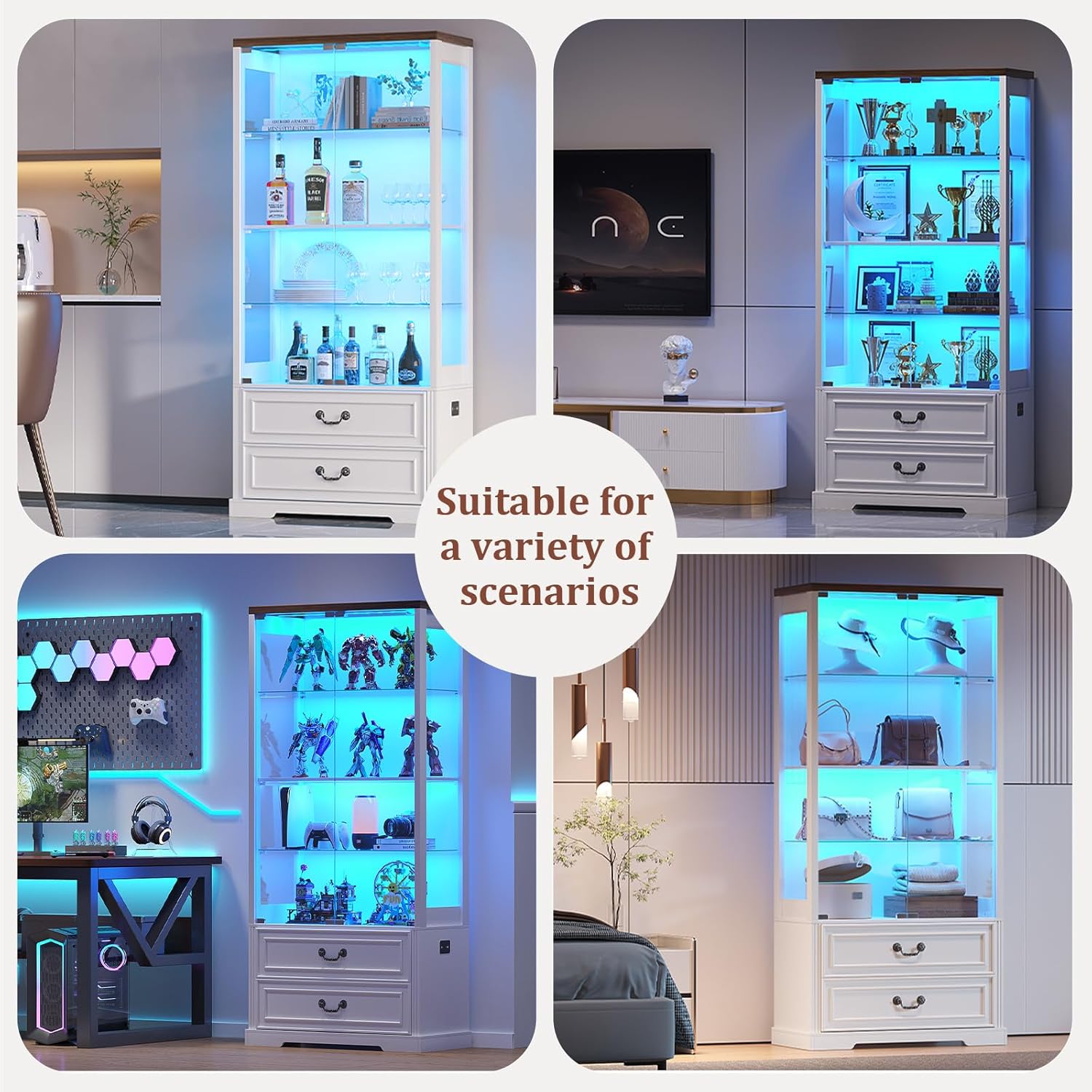 TAGELIER Glass Display Cabinet with Door, 4-Tier Curio Cabinet with 2 Drawers and Adjustable Glass Height Showcase, Display Case with 3 LED Light and Human Body Sensor, White
