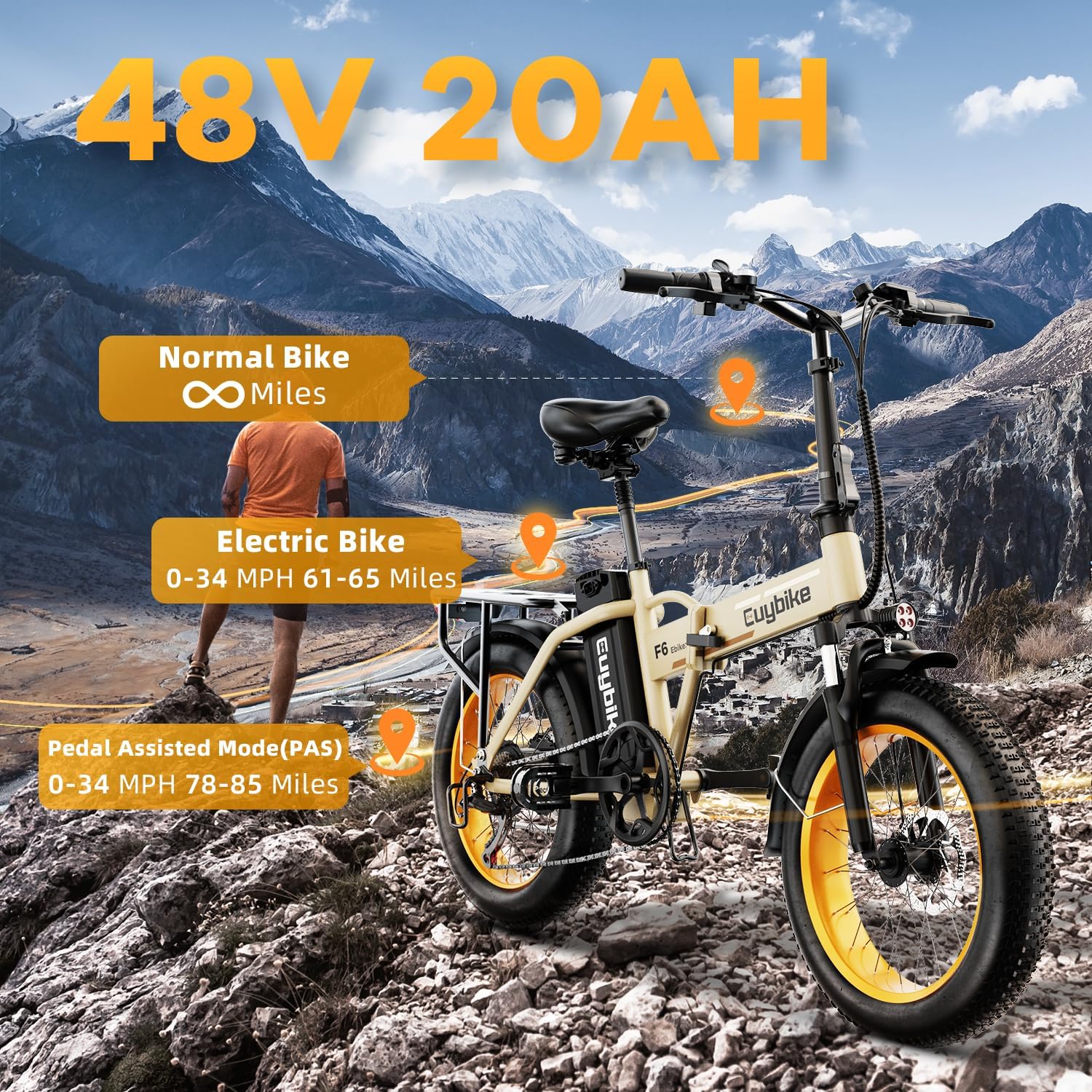 bluebiko 1000W Folding Electric Bike, 48V 20AH Large Removable Battery E Bike, 80 Miles Max Range, 20' Fat Tire Electric Bike for Adults, Adult Electric Bicycles for Commute Beach Snow
