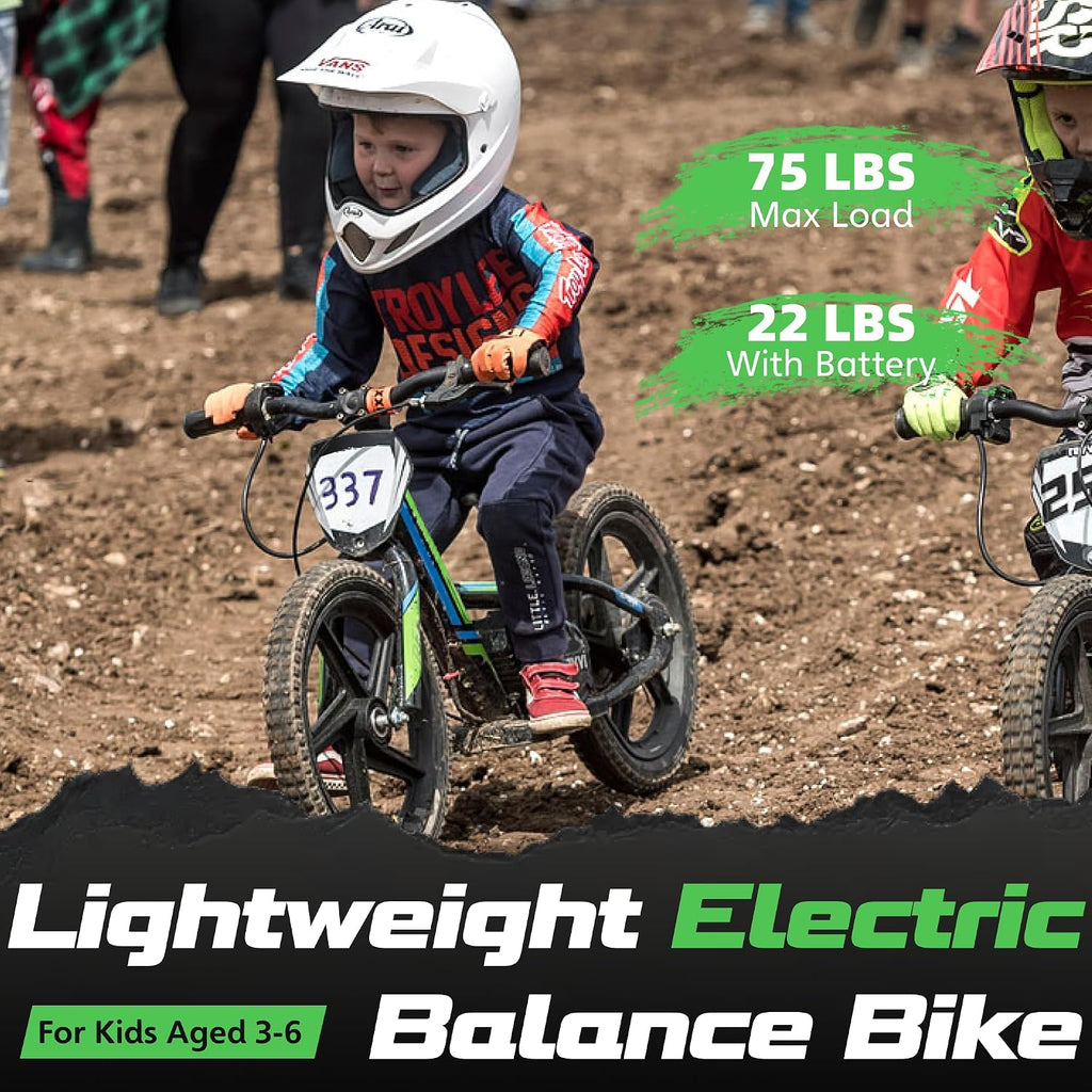 OLALA Electric Dirt Bike for Kids Aged 3-6, 170W Racing Grade Electric Motorcycle, New Aluminum Frame with 2 Power Modes, 24V Detachable Battery, 12IN Knobby Tires