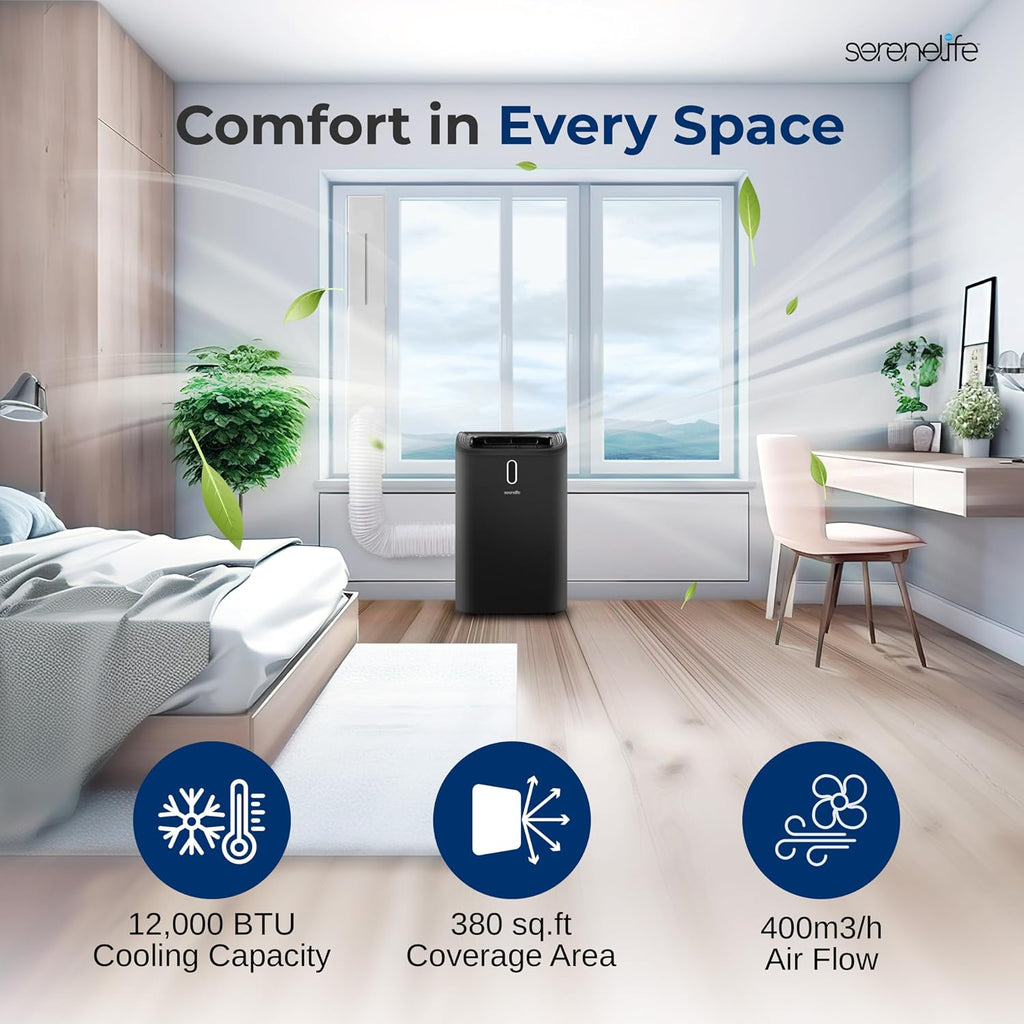 SereneLife 12000 BTU Portable Air Conditioner - 3-in-1 Compact Standing Air Conditioner for Room Up to 380 Sq. Ft. - Floor AC Unit with Remote Control - Universal Casters, Window Mount Kit