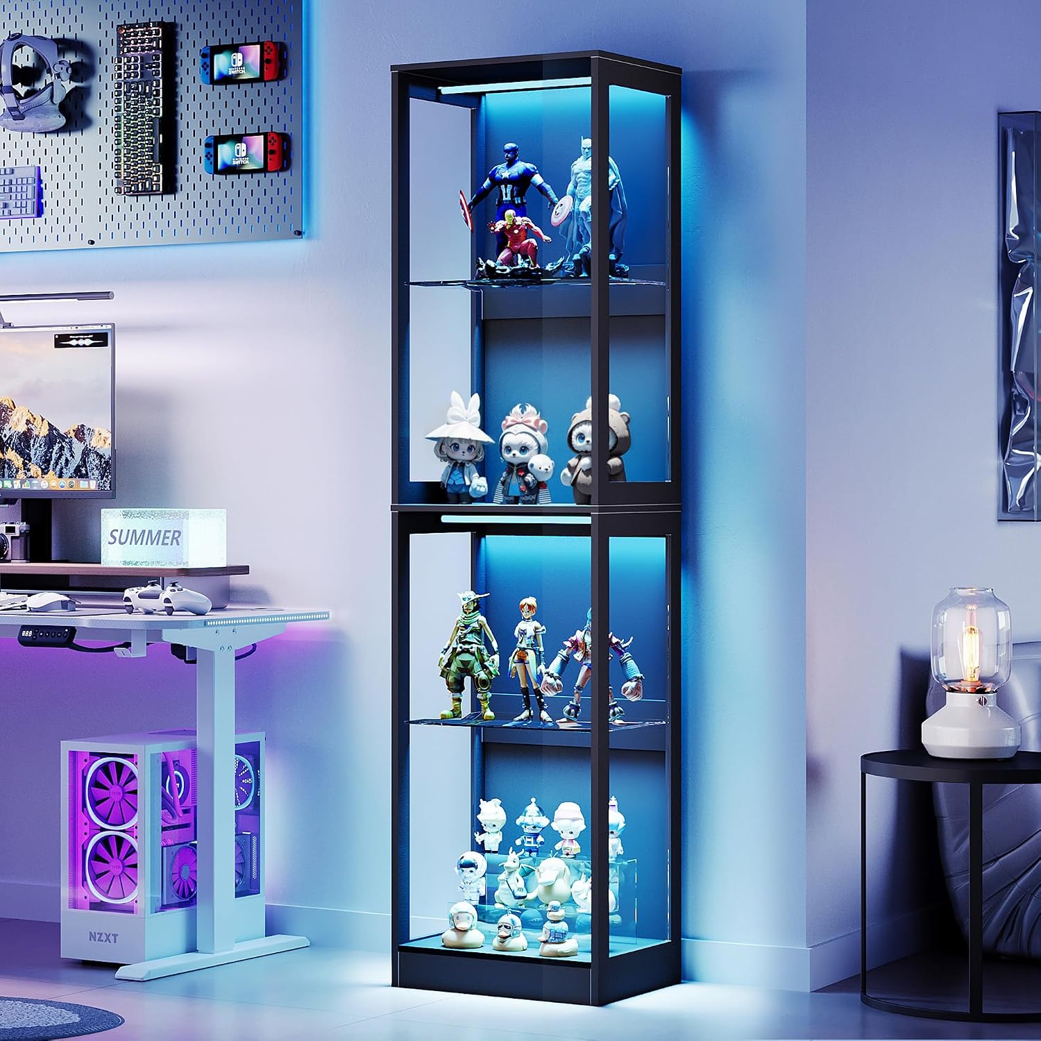 AMERLIFE RGB Display Cabinet with Adjustable Shelves, 4-Tier Storage Case with LED Lights, Modern Display Shelf for Collectibles, Black 70' H×18' L×14' D