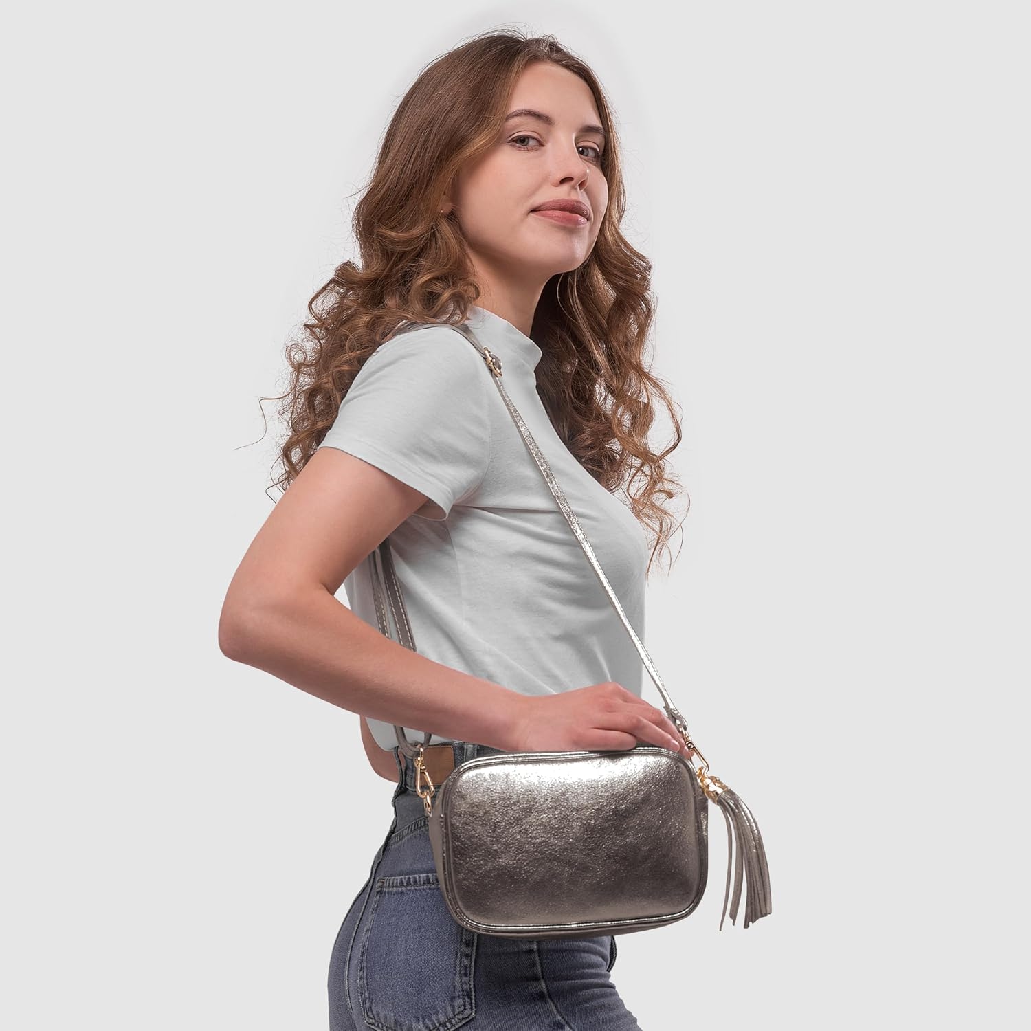 Italian Genuine Metallic Suede Crossbody Bag for Women with Zipper | Small Leather Camera Purse Shoulder Handbag Pocketbook