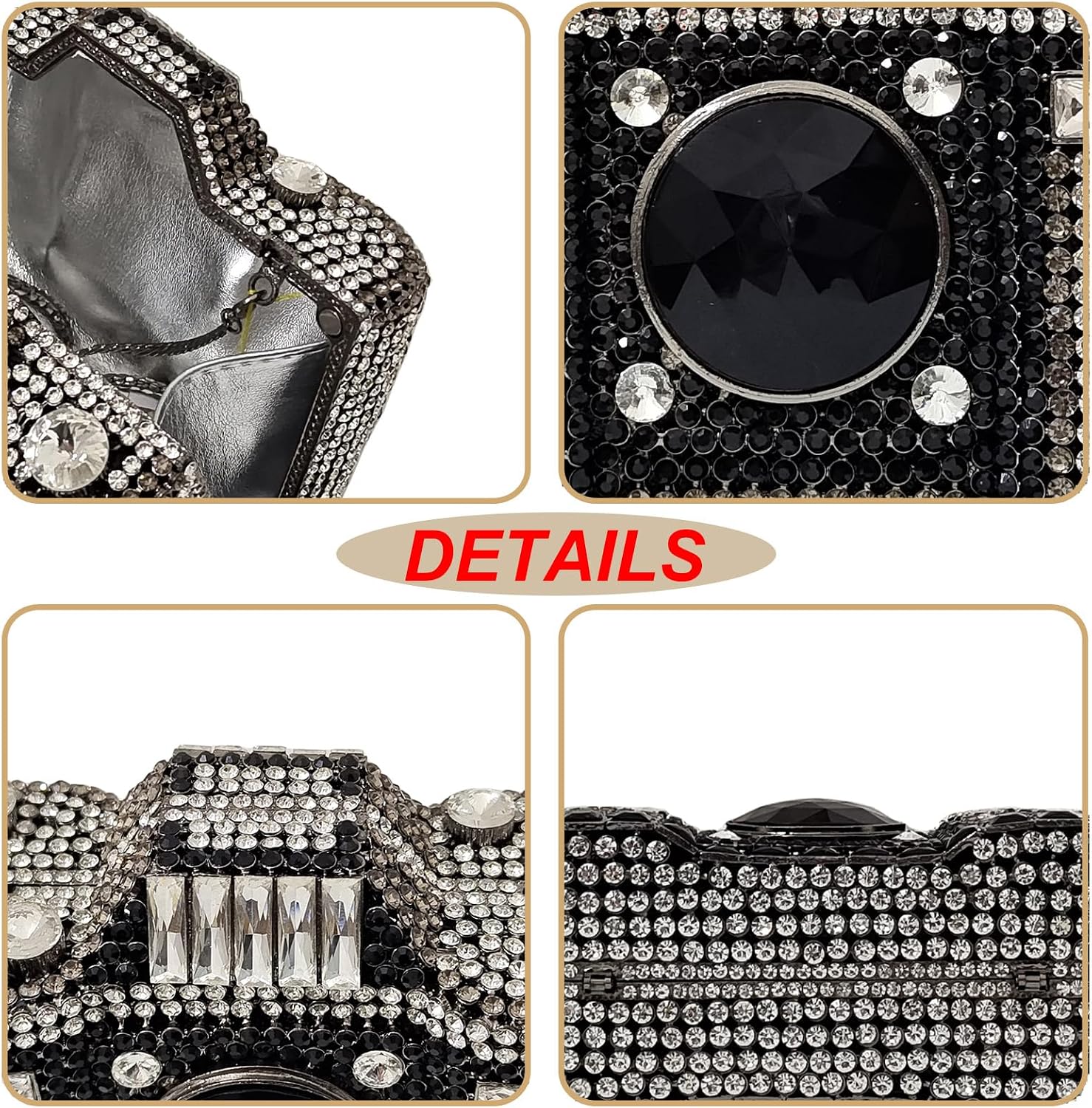 HUANG ZHUANG Cute Camera Shape Crystal Clutch Purse Mini Rhinestone Evening Bag Wedding Handbag Party Women Purse