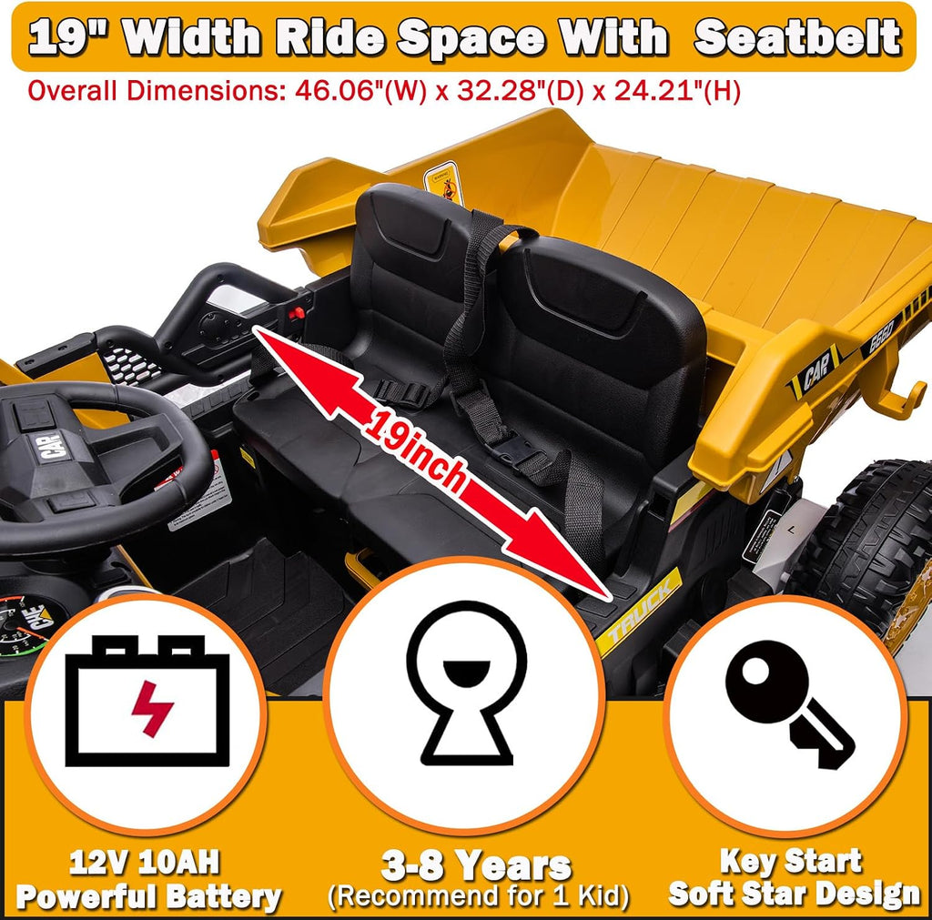 NEWQIDA Ride on Dump Truck, 12V Kids Electric Car with Remote Control for Toddlers Ride on Construction Vehicles with Electric Dump Bed/Shovel, 19' Spacious Seat, Soft Start, Music, Bluetooth, Yellow