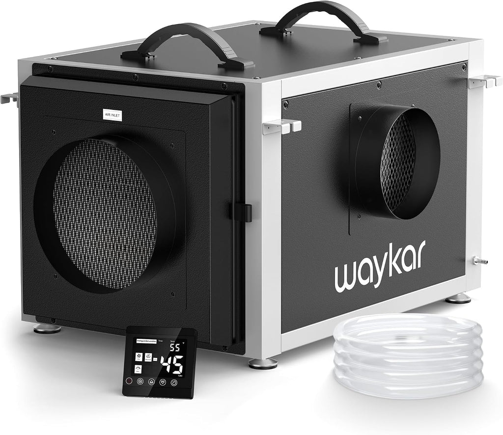 Waykar 158 Pints Crawl Space Dehumidifier with Remote Control and Pump, Dual Duct HVAC Commercial Whole-House Dehumidifier for Basement, Industry Water Damage Unit - 5-Year Quality Coverage