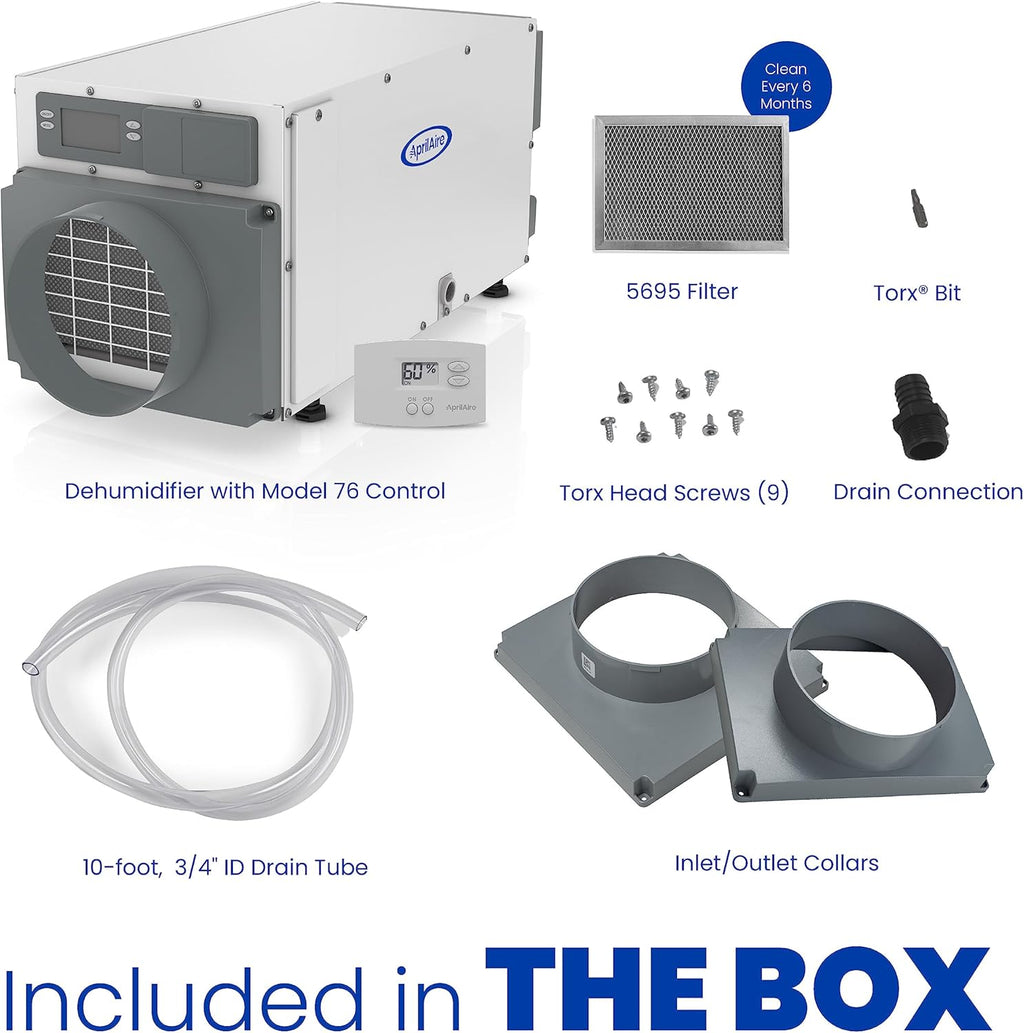 AprilAire E070 Pro 70-Pint Crawl Space Dehumidifier + Model 76 Wall Mount Control, Whole-House Dehumidifier for Basement, Crawlspace, or Whole Home up to 2,200 sq. ft.