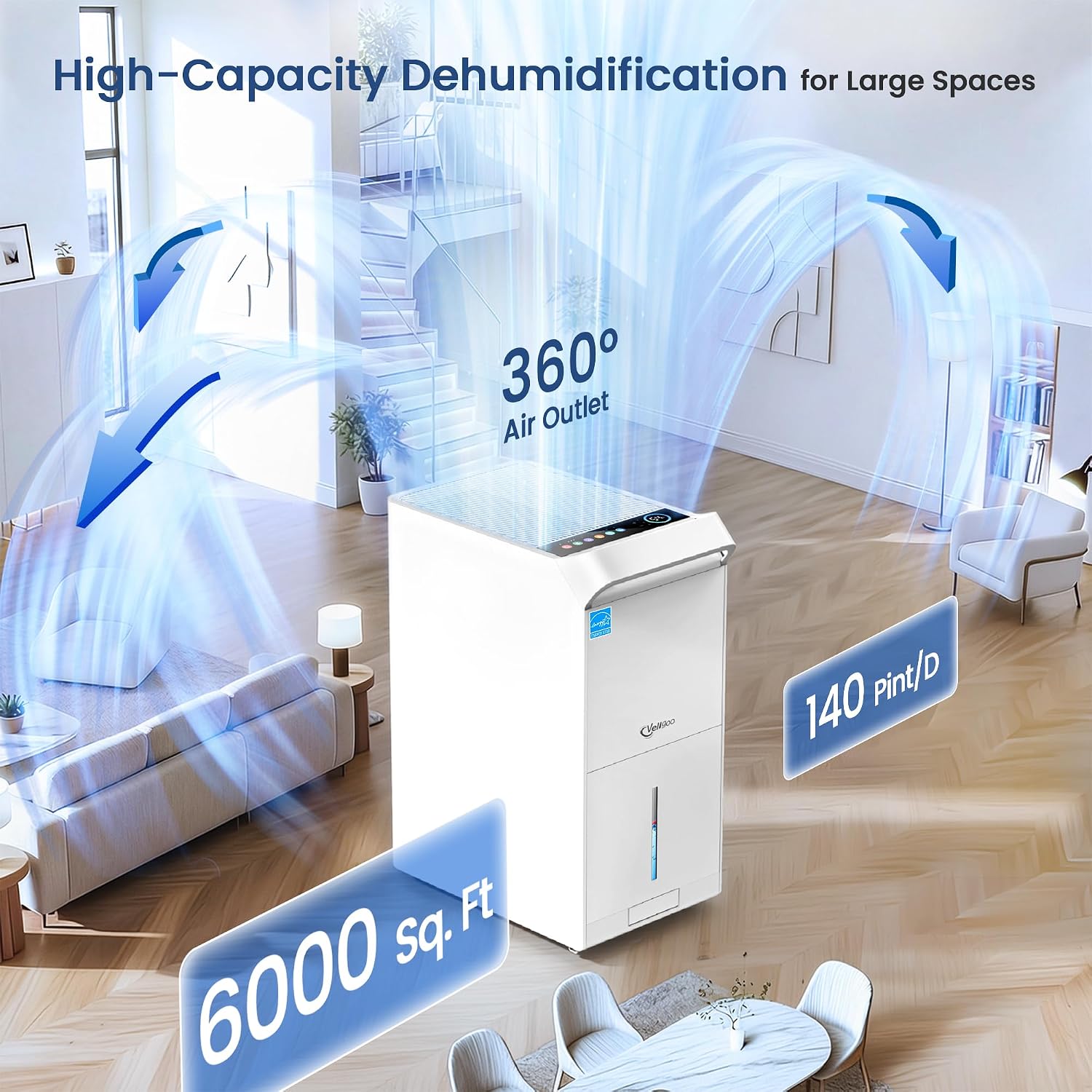 6,000 Sq.Ft Most Efficient Energy Star 2025 Dehumidifier,Vellgoo Max 140 Pint/D Smart Compressor Dehumidifier for Basement with Drain Hose, for Home,Large Rooms