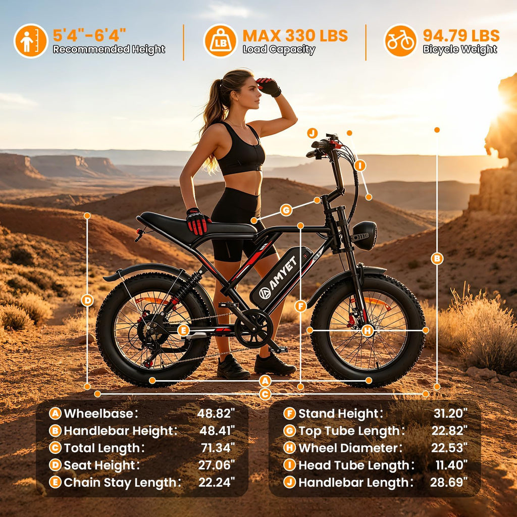 AMYET Electric Bike for Adults, 1500W Peak 33Mph 60Miles Ebike, 20'' X 4'' Fat Tire E Bike, 48V 20Ah(960WH) Battery Electric Dirt Bike, Hydraulic Brake | Full Suspension| 7-Speed Moped Ebike, Black