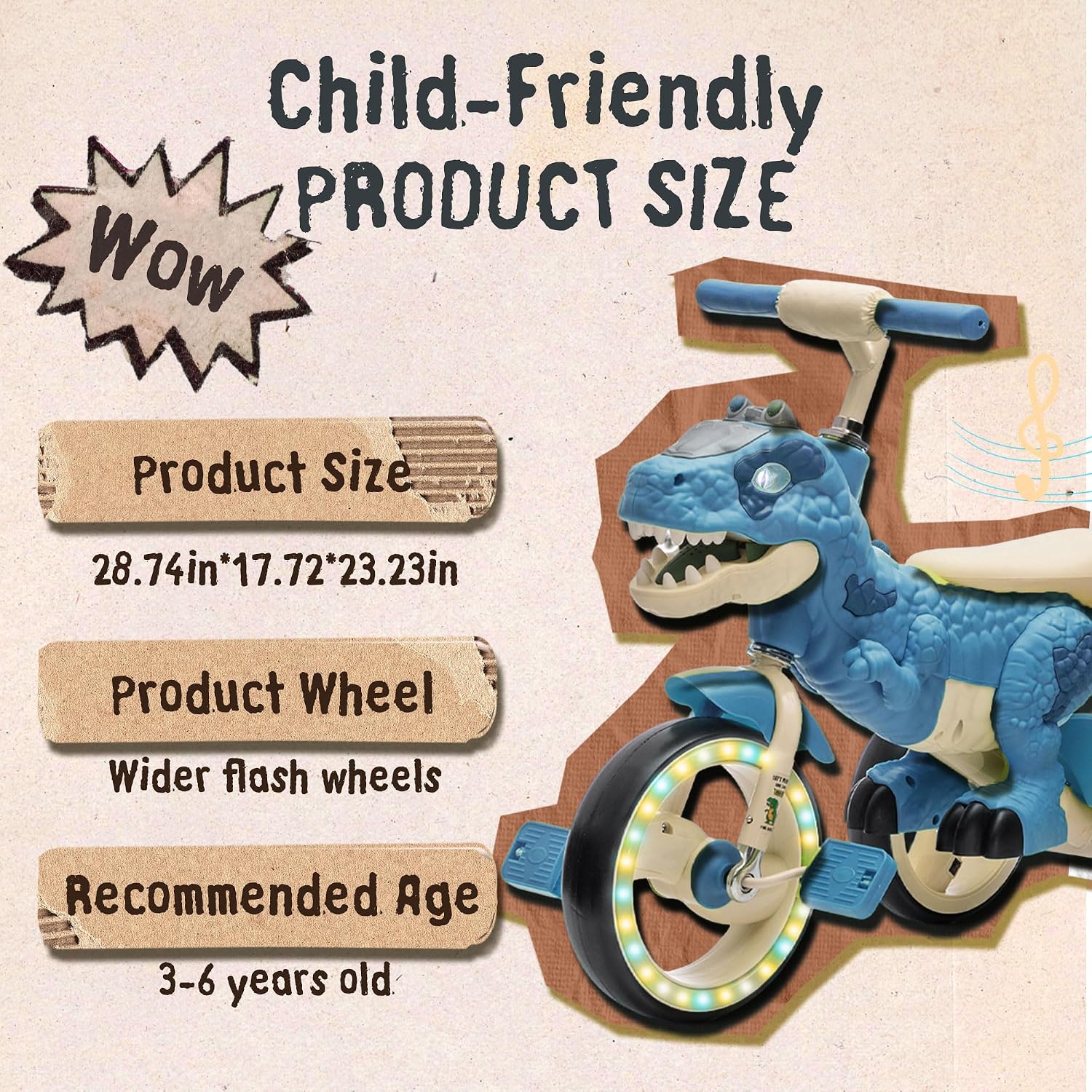 Dinosaur Kids Tricycle for Rider, Toddlers Kid Trike Bike Big Wheel with EVA Wide Flash Wheels, Anti-Slip Pedals,Storage Basket,Music & LED Lights, Kids Bike for 3-6 Year Old Girls & Boys (Blue)