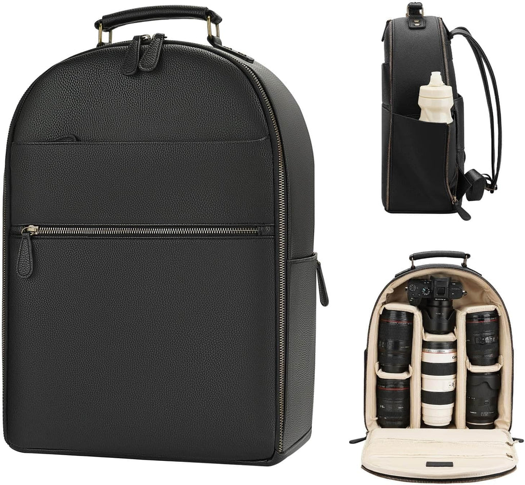 Camera Backpack Classic PU Leather with 15 Inch Laptop Compartment, Professional Camera Bag for Photographers for DSLR Large 20L Black