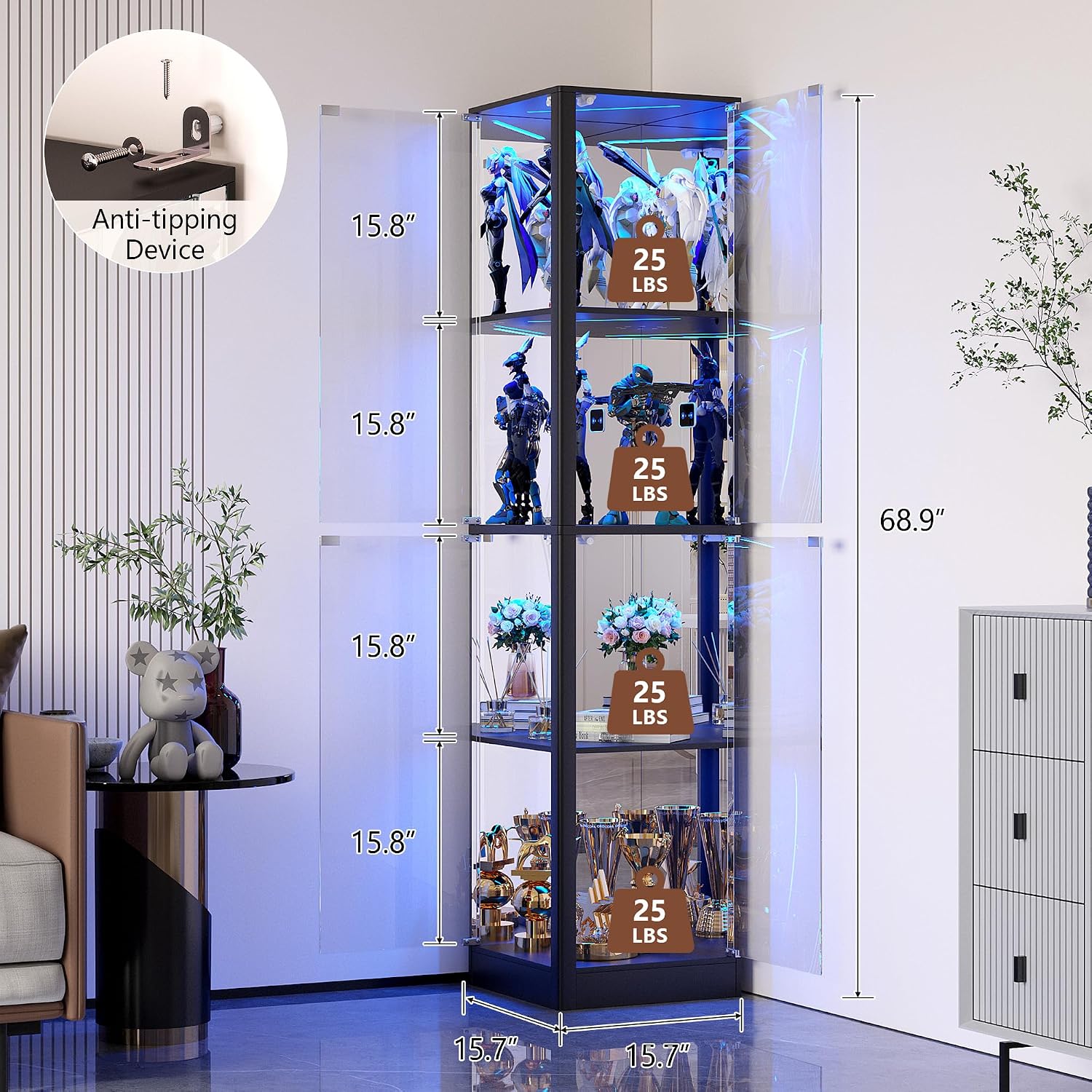 Dystler Corner Display Cabinet with Glass Doors, 68' Display Case with LED Lights, 4-Tier Curio Cabinets for Collectibles, Toys, Books, Modern Storage Cabinet, Black
