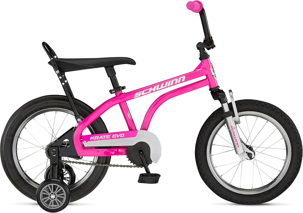 Schwinn Krate EVO Kids Bike for Boys and Girls Ages 3-5 Years, 16-Inch Wheels, Front Suspension, Slik Rear Tire, Rider Height 38 to 48-Inches, Removable Training Wheels, Rear Coaster Brake