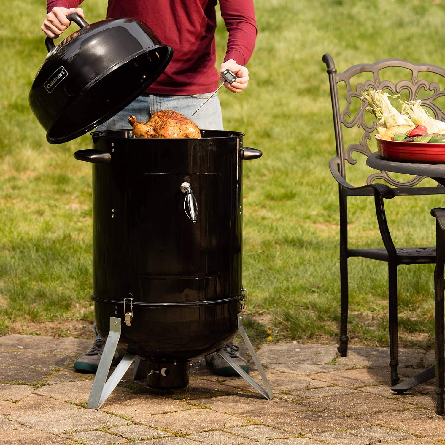 Cuisinart 18' Vertical Charcoal Smoker, Integrated Thermometer, Water Bowl and Dual Vents Perfect for Smoked Brisket, Chrome Plated Grates Smoker Grill for BBQ, Camping, Tailgates