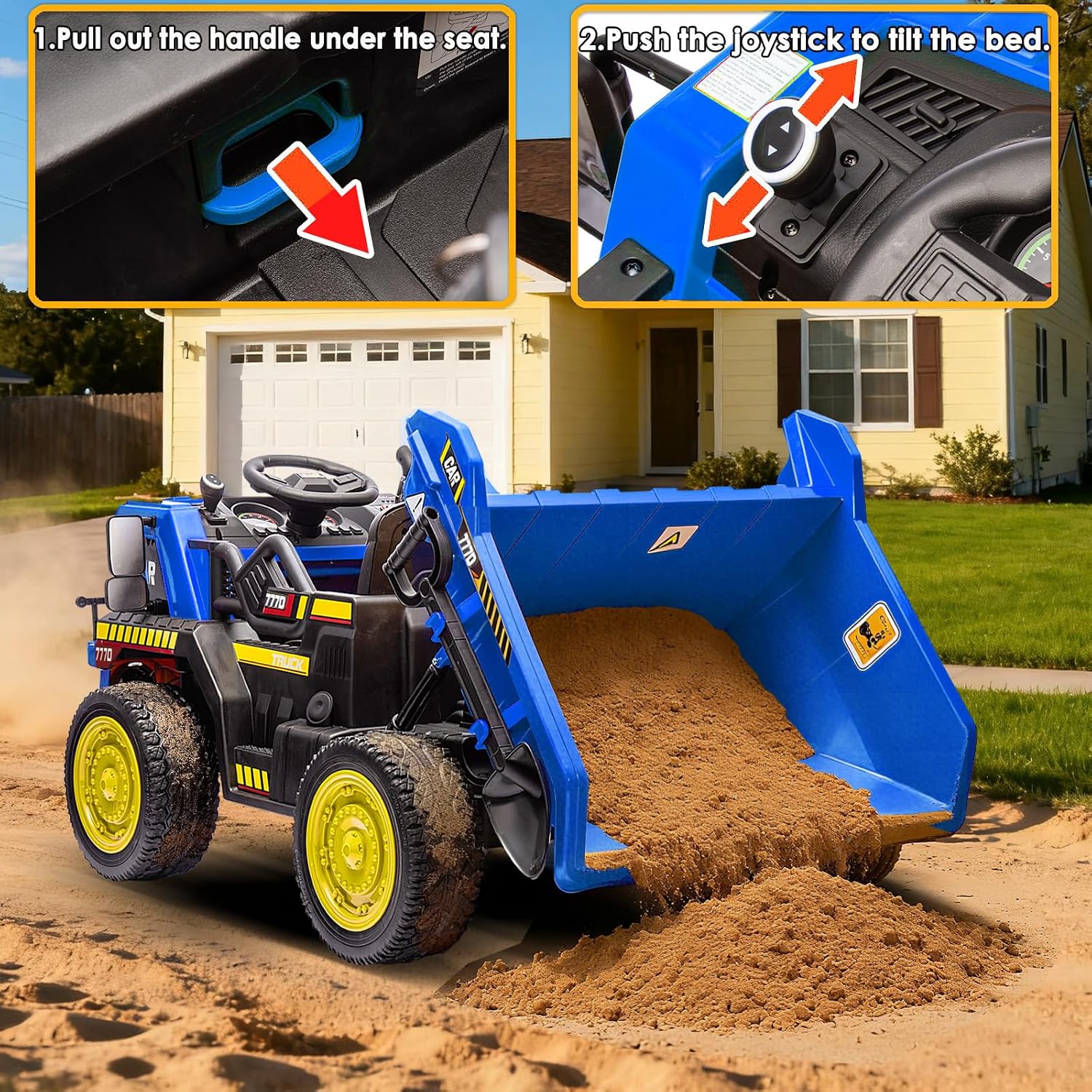 NEWQIDA 24V Ride on Dump Truck, Kids Electric Car with Remote Control, Ride on Construction Vehicles w/Electric Dump Bed, Shovel, 2x75W Powerful Motors, Up to 4.4Mph, EVA Tires, Soft Start, Blue