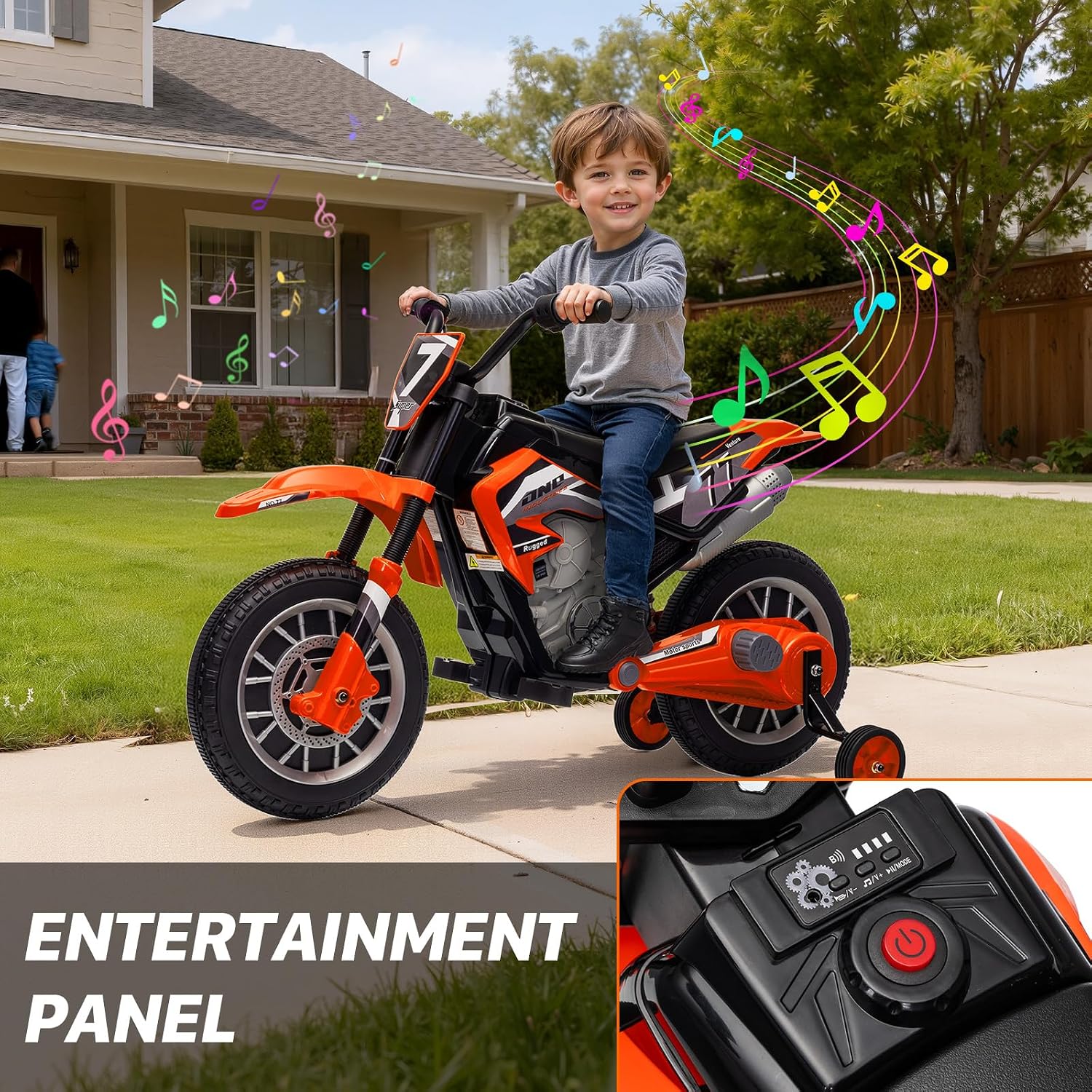 12V Kids Motorcycle w/Treaded Tires, 3.1mph Top Speed Electric Bike for Kids, Training Wheels, Music & Bluetooth, Spring Suspension, Age 3-8 Year Old, Orange