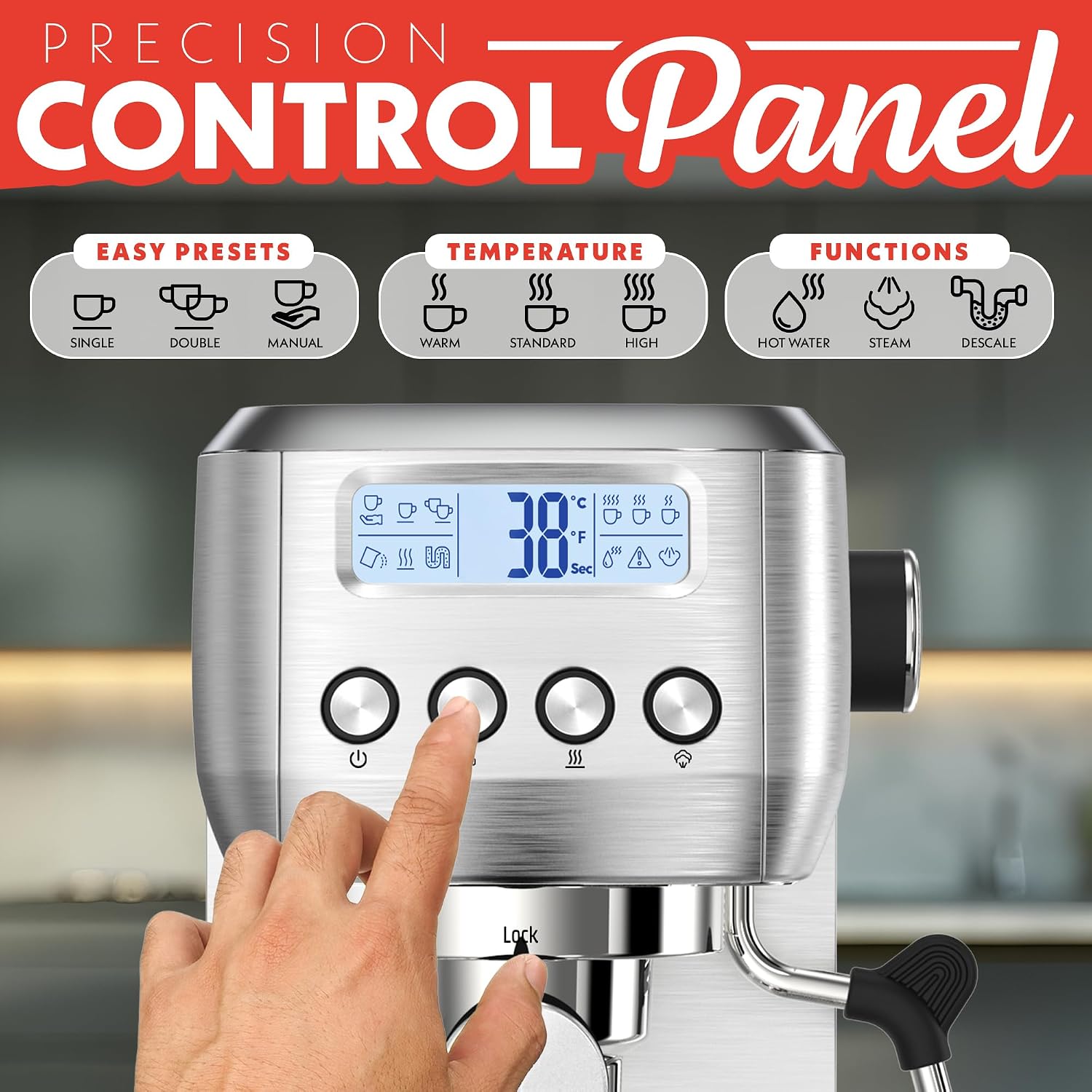 Gourmia Slim Espresso Machine with LCD Screen - Milk Frother, Adjustable Temperature, Manual & Auto Brew, Single/Double Shot, Hot Water Dispenser, Descaling Mode, Compact