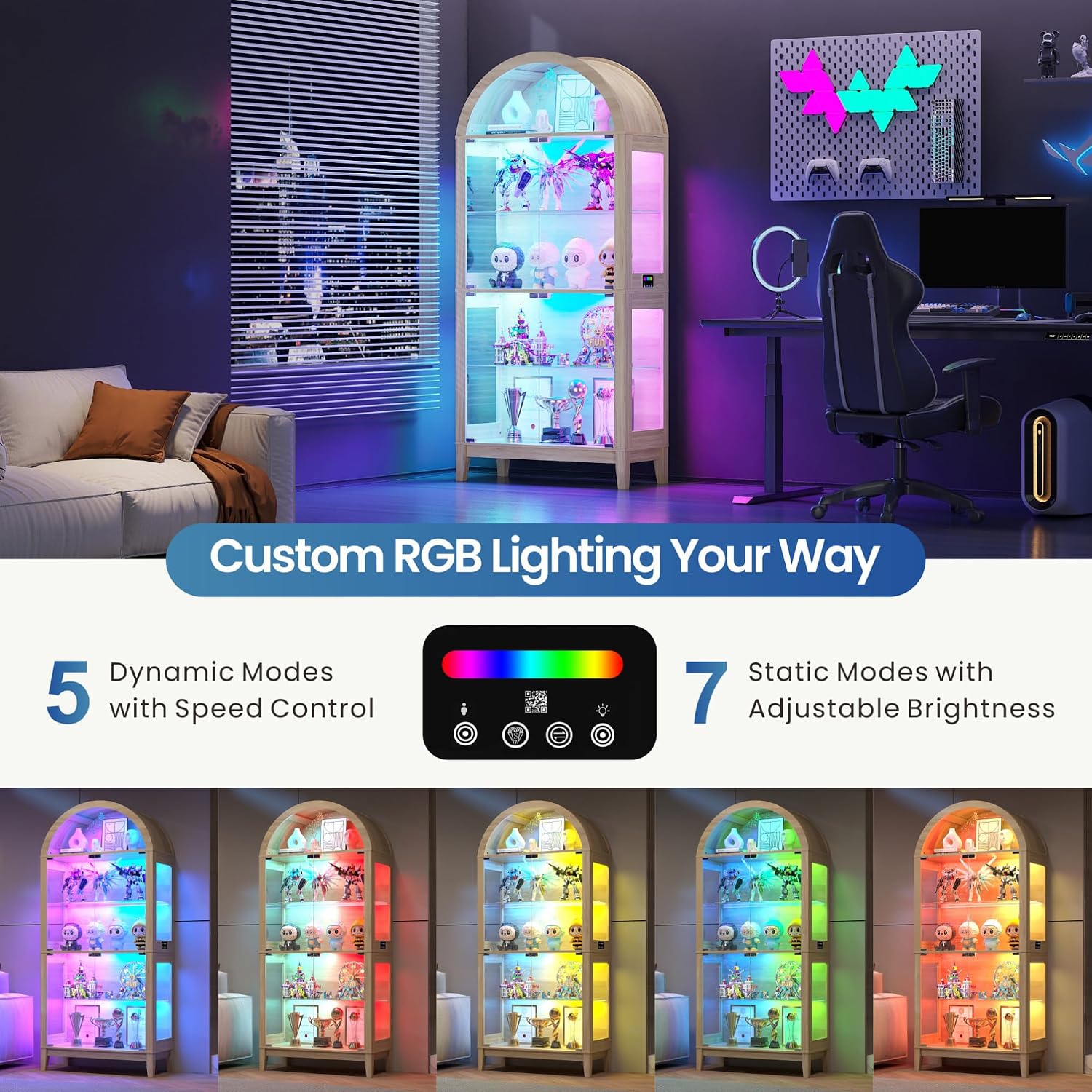 Lvifur Display Cabinet with - Glass Doors,Arched Curio Cabinet with RGB Lights for Collectibles,5-Tiers Tall Display Case with Human Sensor,Showcase Cabinet with Glass Shelf for Living Room (Natural)
