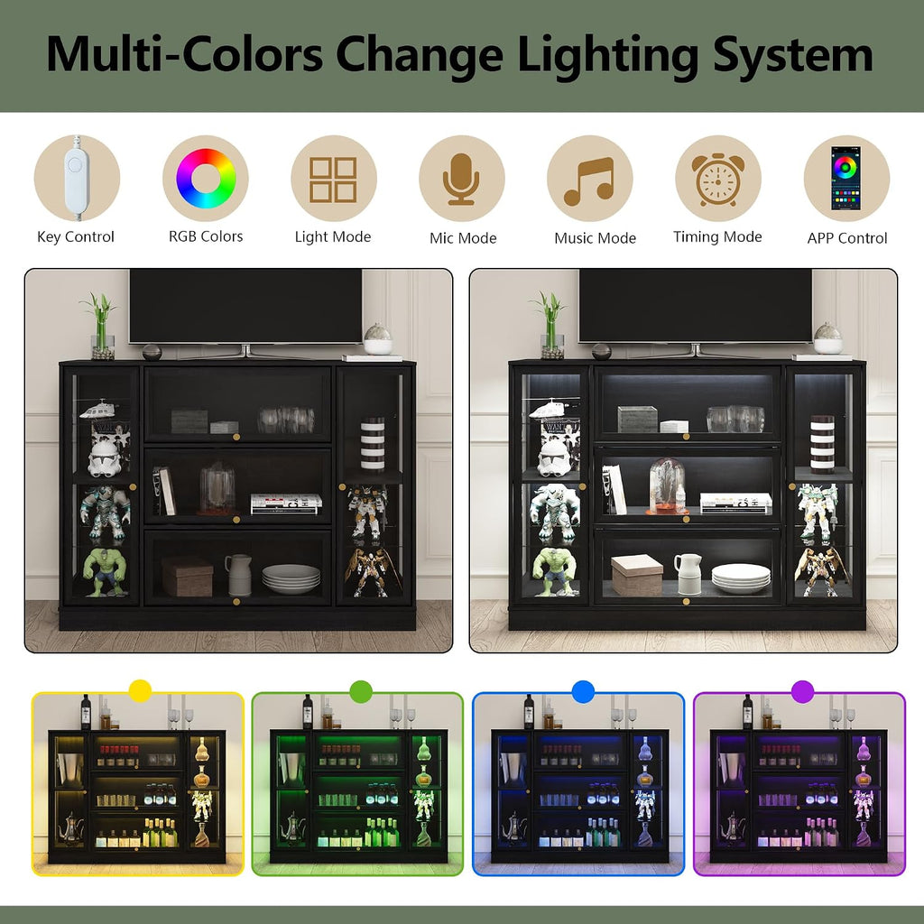 Display Cabinet with Acrylic Glass Doors,Extra Wide Curio Cabinet with LED Lighting for Collectibles, Collectibles Toy Organizers Rack & Display Shelf Display Case, Black