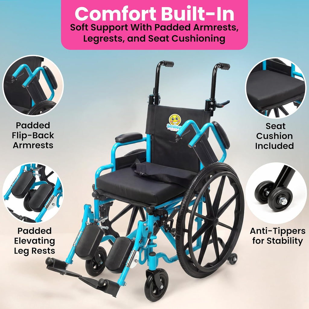 Customize Your Pediatric Wheelchair - 12' or 14' Foldable Narrow Wheelchair for Kids - Fun Colors, Cushion, Seat Belt, Anti Tippers, Padded Arm and Leg Rests, Height Adjustable Push Handles