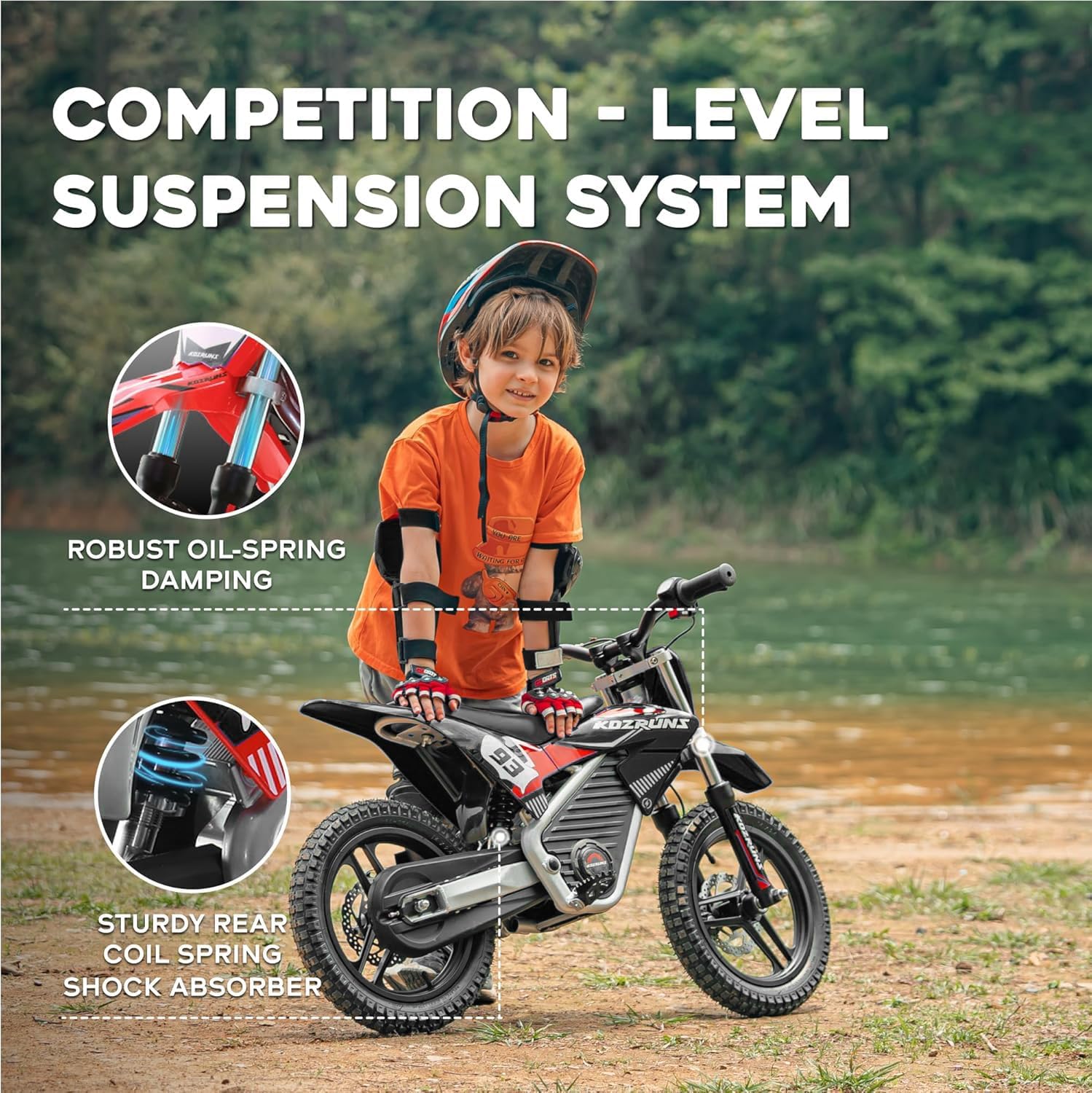 AIII 36V Electric Dirt Bike for Kids 4-8, High Performance 350W Racing Grade Motorcycle, Up to 18.6MPH, 3 Speed Settings, 14-Inch Off-Road Tires, Dual Disc Brakes & Advanced Shock Absorption, Black