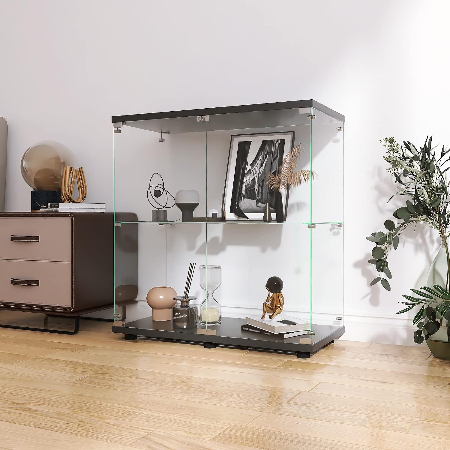 LFT HUIMEI2Y Glass Display Cabinet 2-Shelf with Double Door, Curio Cabinets Fast Installation in 30 Mins, Tempered Glass Floor Standing Bookshelf for Bedroom, Living Room 32.8'x 31.7'x 14.4' Black