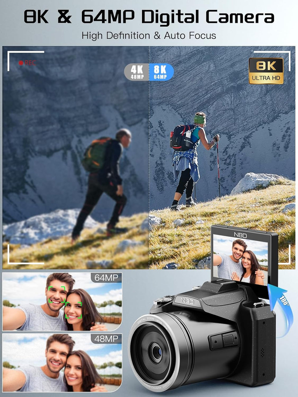 8K Digital Camera, 64MP Cameras for Photography with 2.8' Flip Screen, 16X Zoom, WiFi & Autofocus, Vlogging Camera for YouTube, Includes 64GB Card & 2 Batteries (Black)