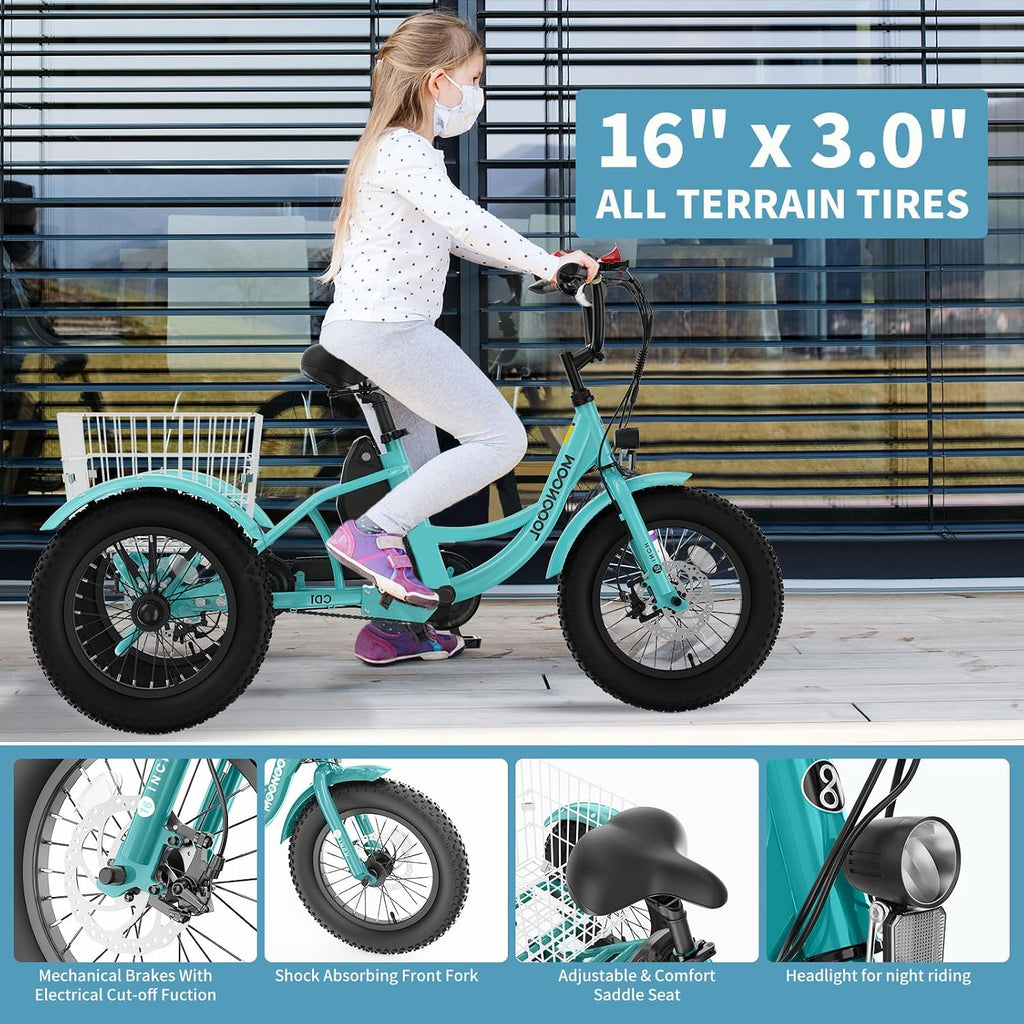 16 Inch Kids Electric Tricycle, 250W 24V Fat Tire Electric Trike, 3 Wheels Electric Bike Cruiser Bicycle, Aluminum Frame Motored Trike with Adjustable Seat and Removable Battery, Cyan