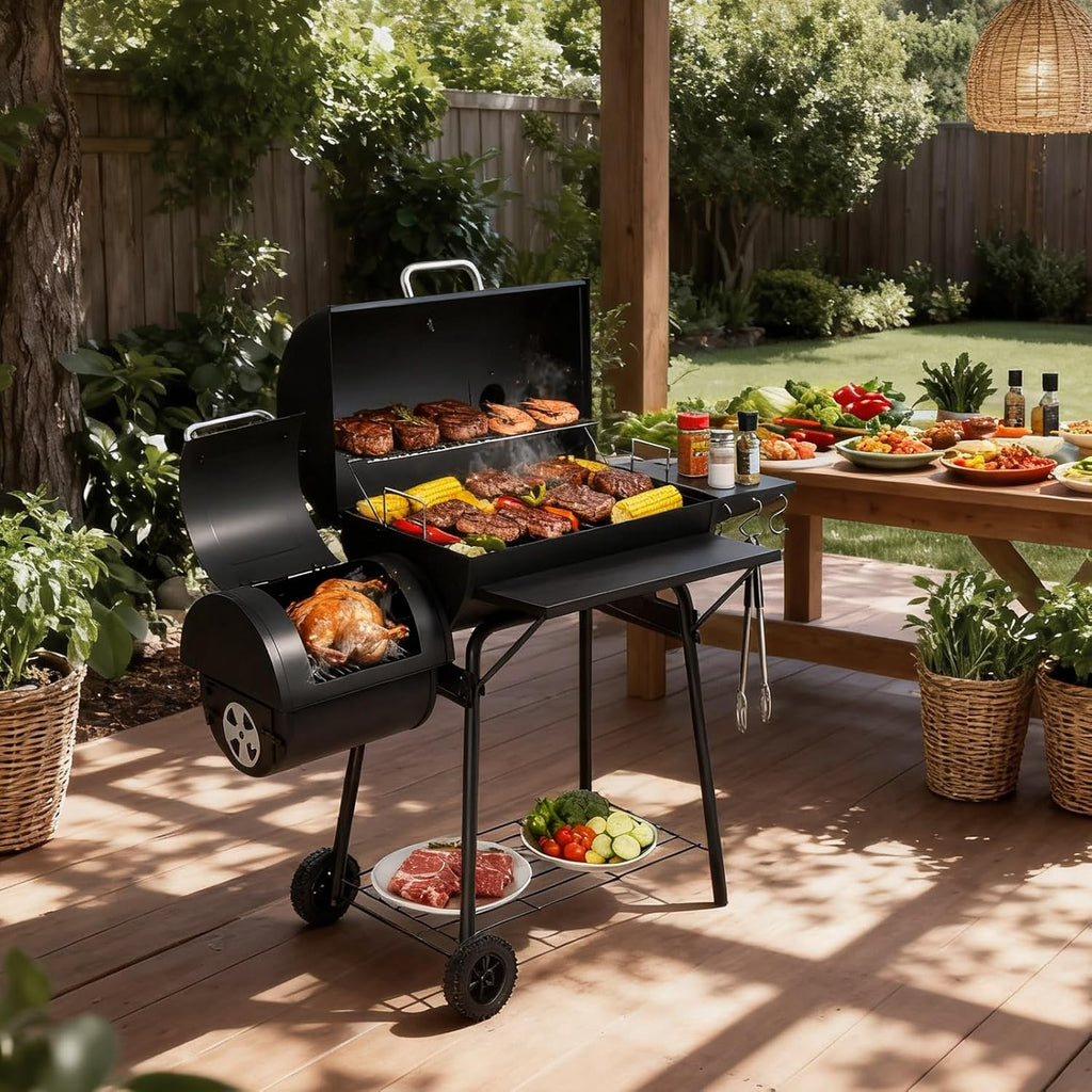 VINGLI Barrel Charcoal Grill with Offset Smoker, Built-in Lifting Carbon Mesh, Large Charcoal Barbecue Smoker Grill Combo for Outdoor Backyard Patio Camping Parties 52 × 20 × 44 inch
