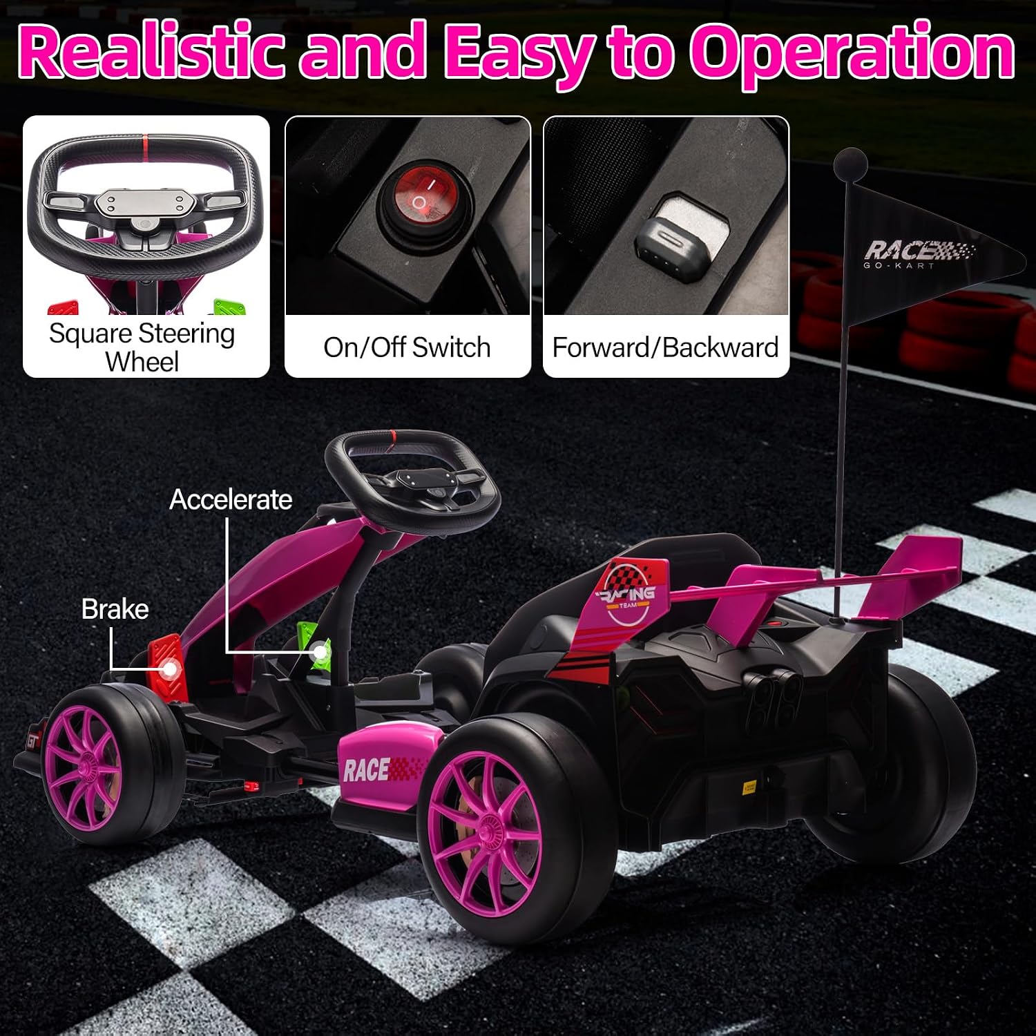 GarveeLife 24V Kids Ride on Go Kart, 7.5 mph Variable High Speed Drifting Car, 7ah Battery 200W*2 Motors,Adjustable Legroom for Kids Grows, Max Load 135 LBS, Power Display Racing Toy for 6+,Pink