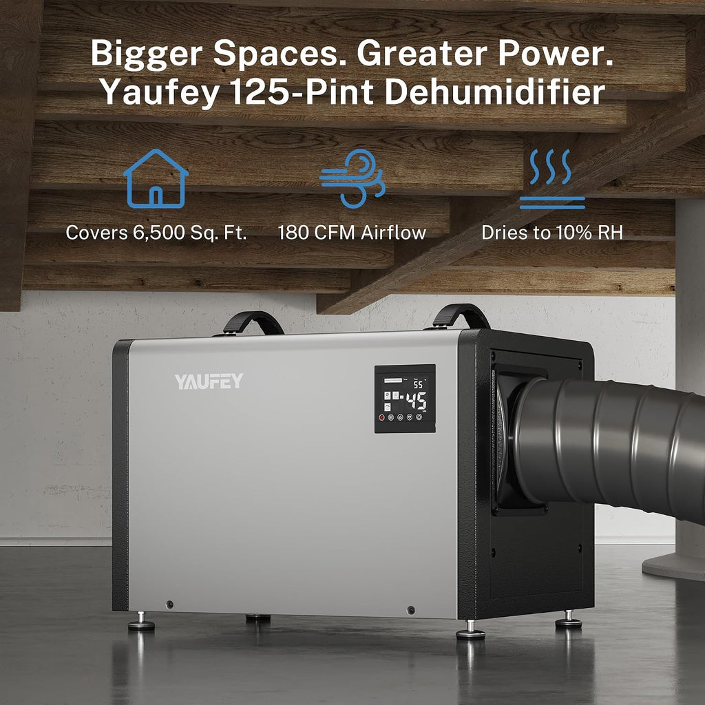 Yaufey 125 Pints Commercial Dehumidifier with Pump for 6500 Sq.Ft. Crawl Space, Basement, Industrial Area, 10-90% RH Humidity Control, 24/7 Running Continuous Drainage, TUV Certified, 5-Yr Coverage